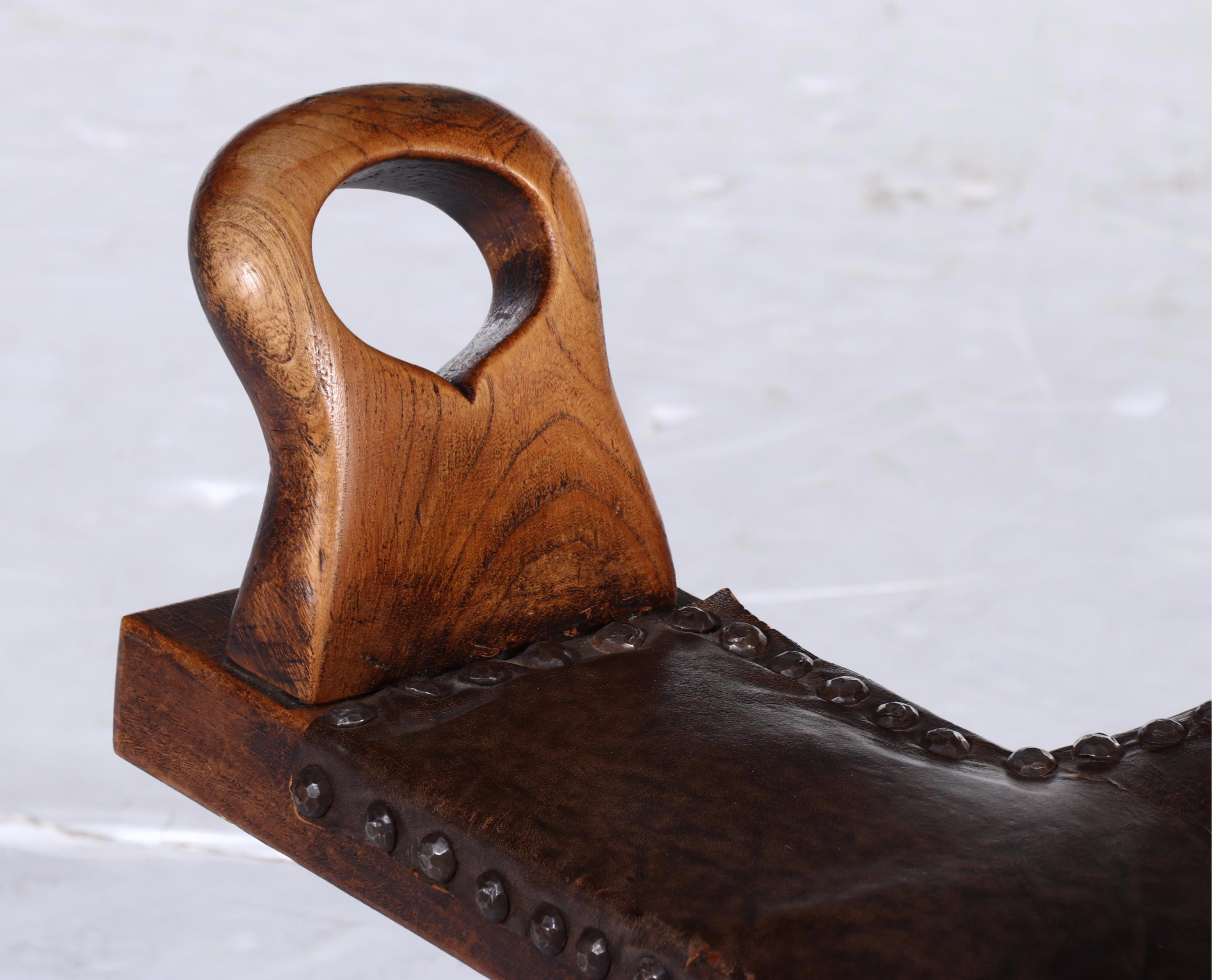 Spanish Brutalist Style Wooden and Leather Bootstrap Birthing Chair