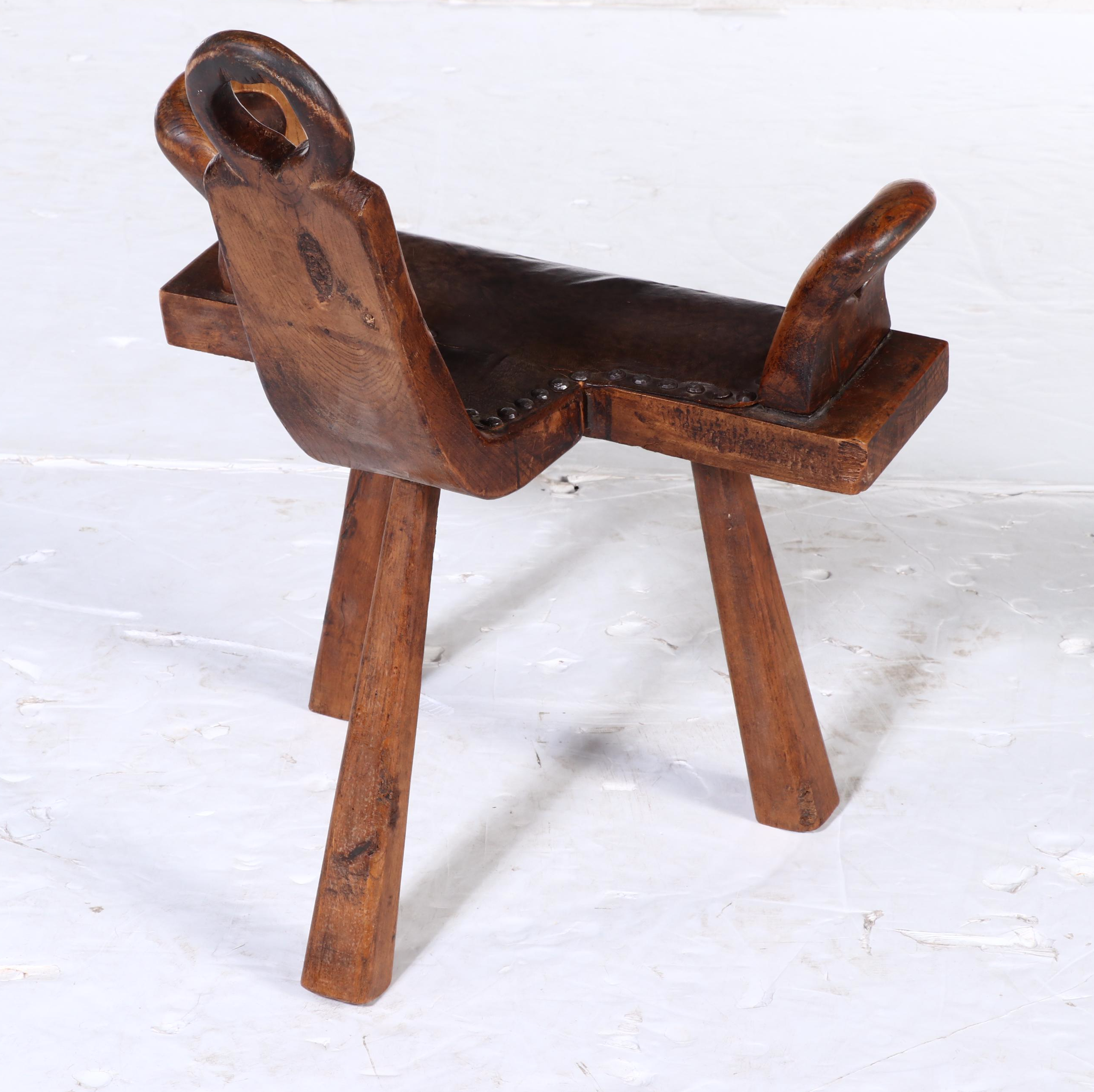 Spanish Brutalist Style Wooden and Leather Bootstrap Birthing Chair