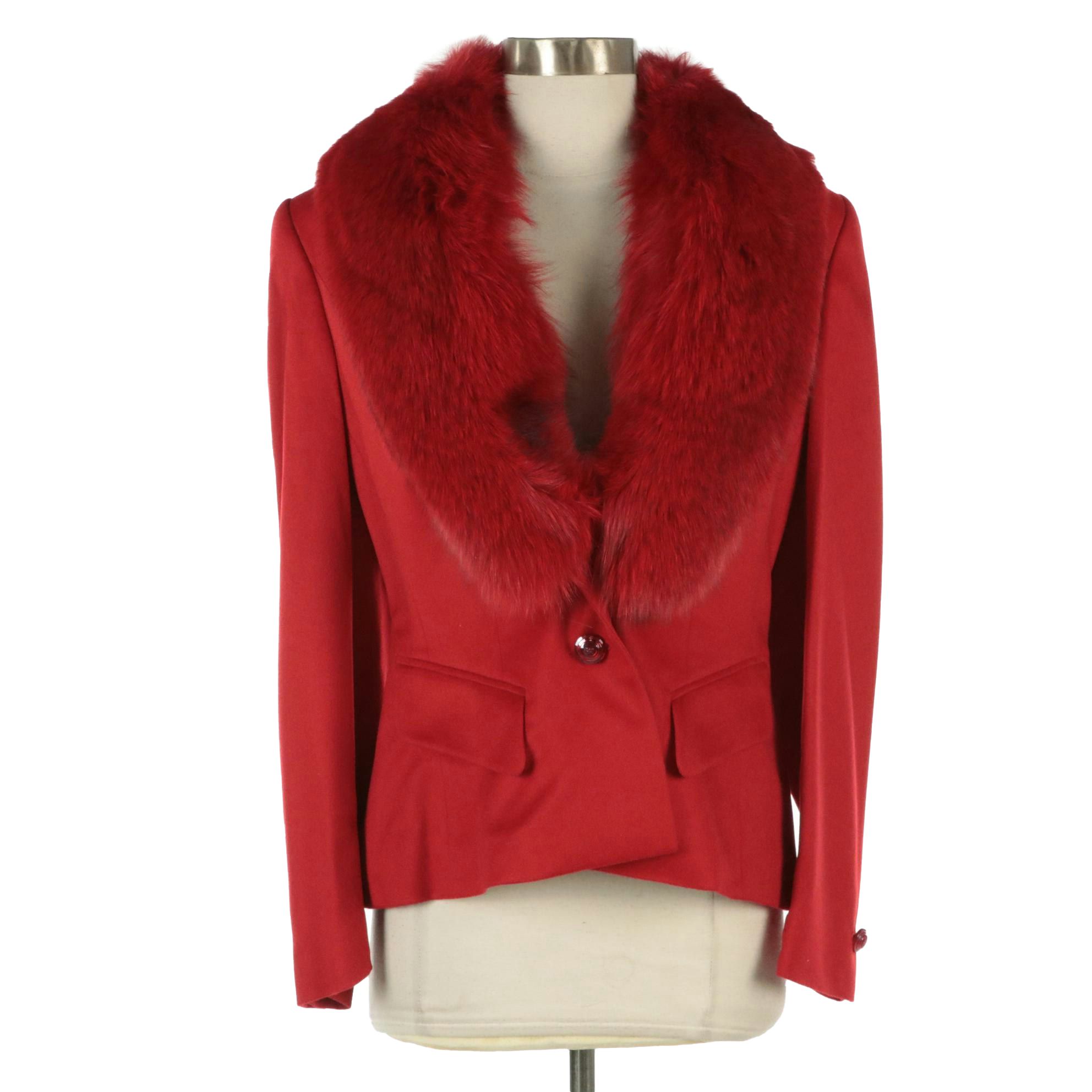 Escada Red Cashmere Coat with Dyed Blue Fox Fur Collar
