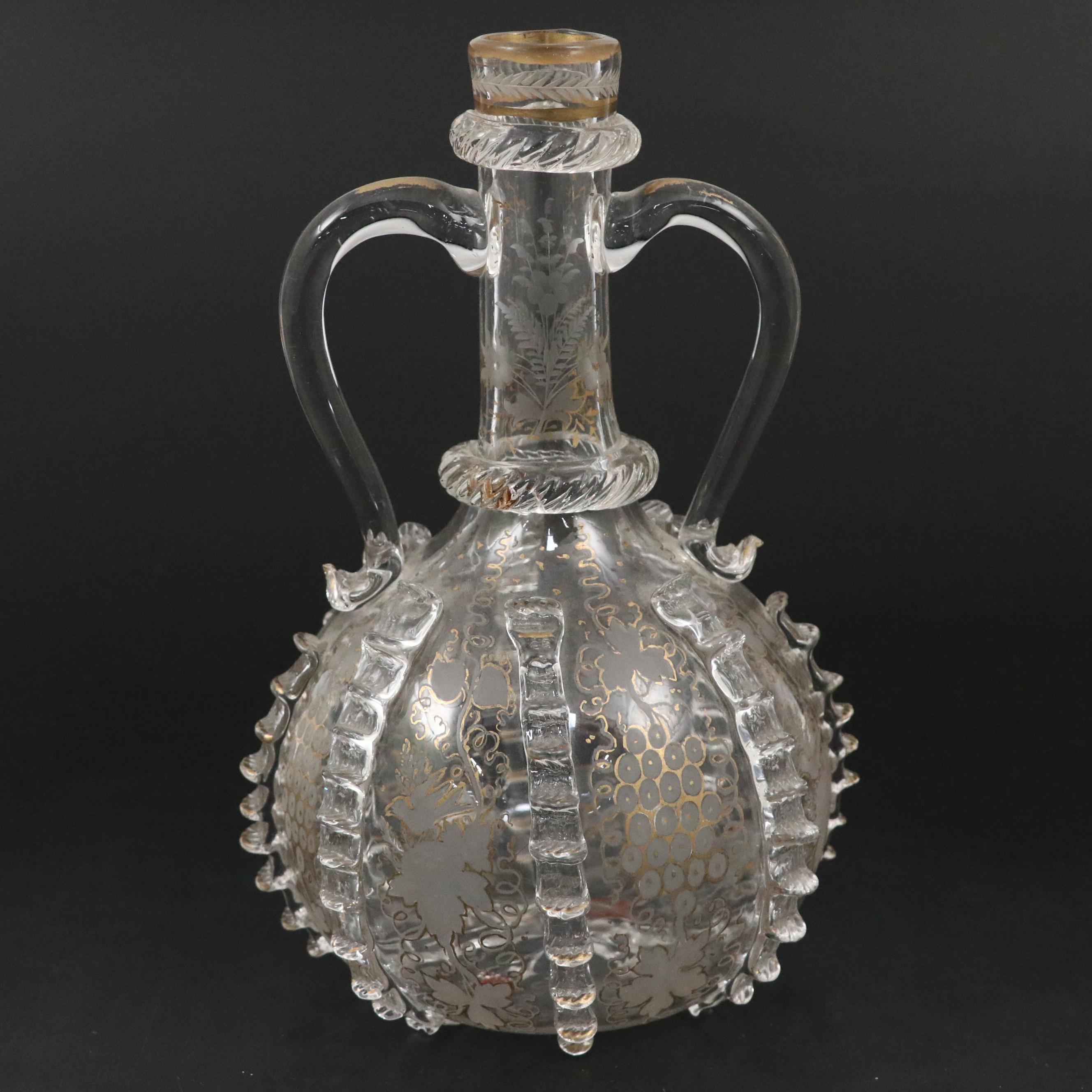 Dutch Blown Glass Gilt Accented Engraved and Ruffled Edge Wine Decanter