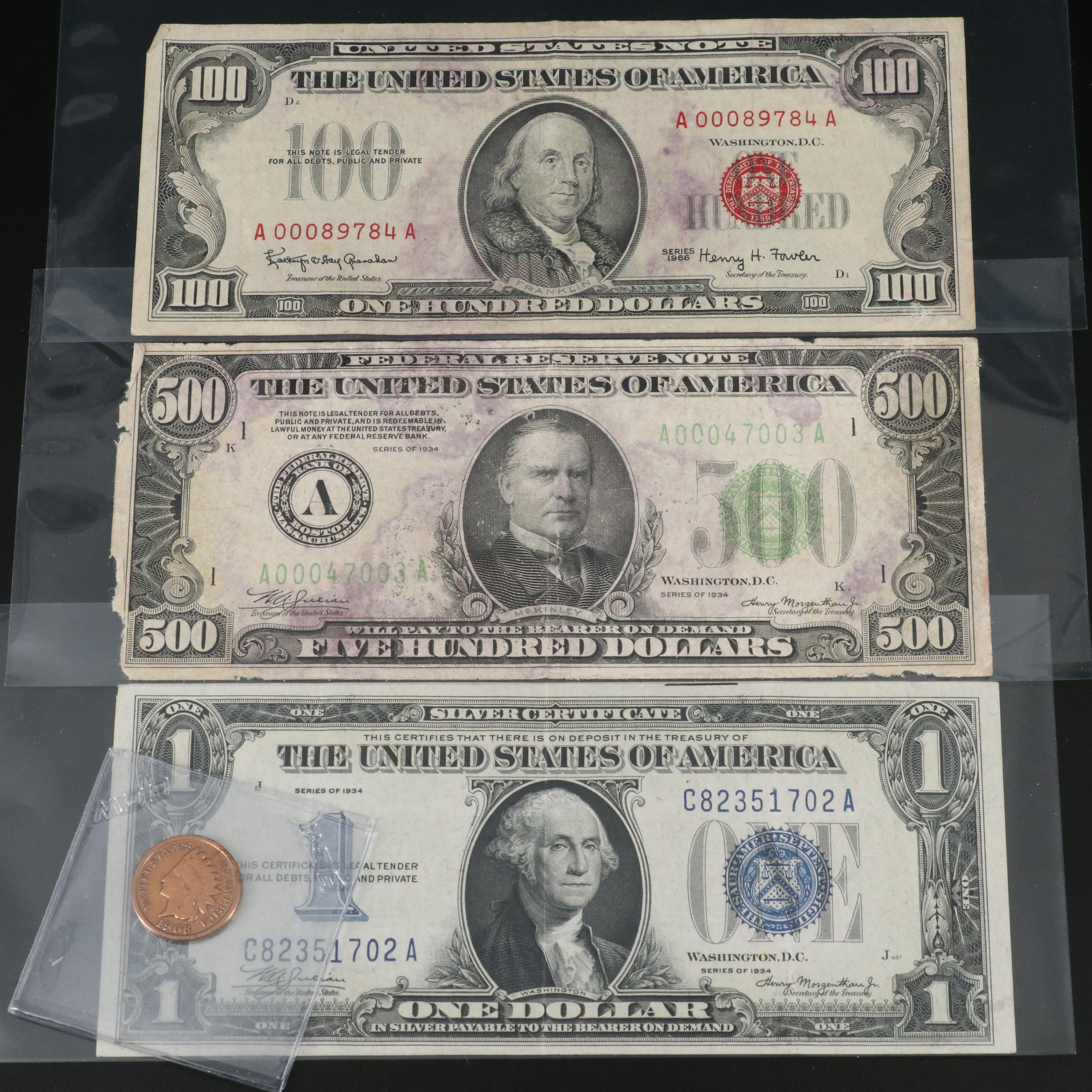 1934 $500 Dollar Federal Reserve Note with Other Currency and an Indian Cent