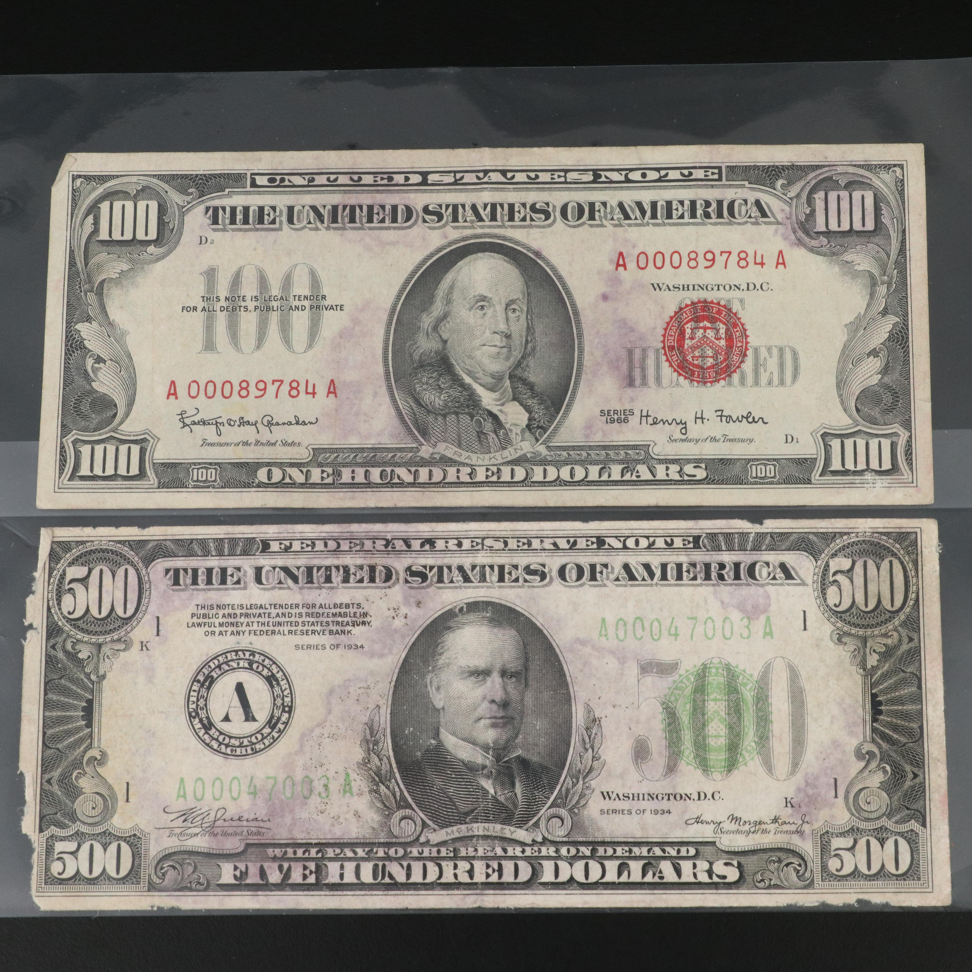 1934 $500 Dollar Federal Reserve Note with Other Currency and an Indian Cent