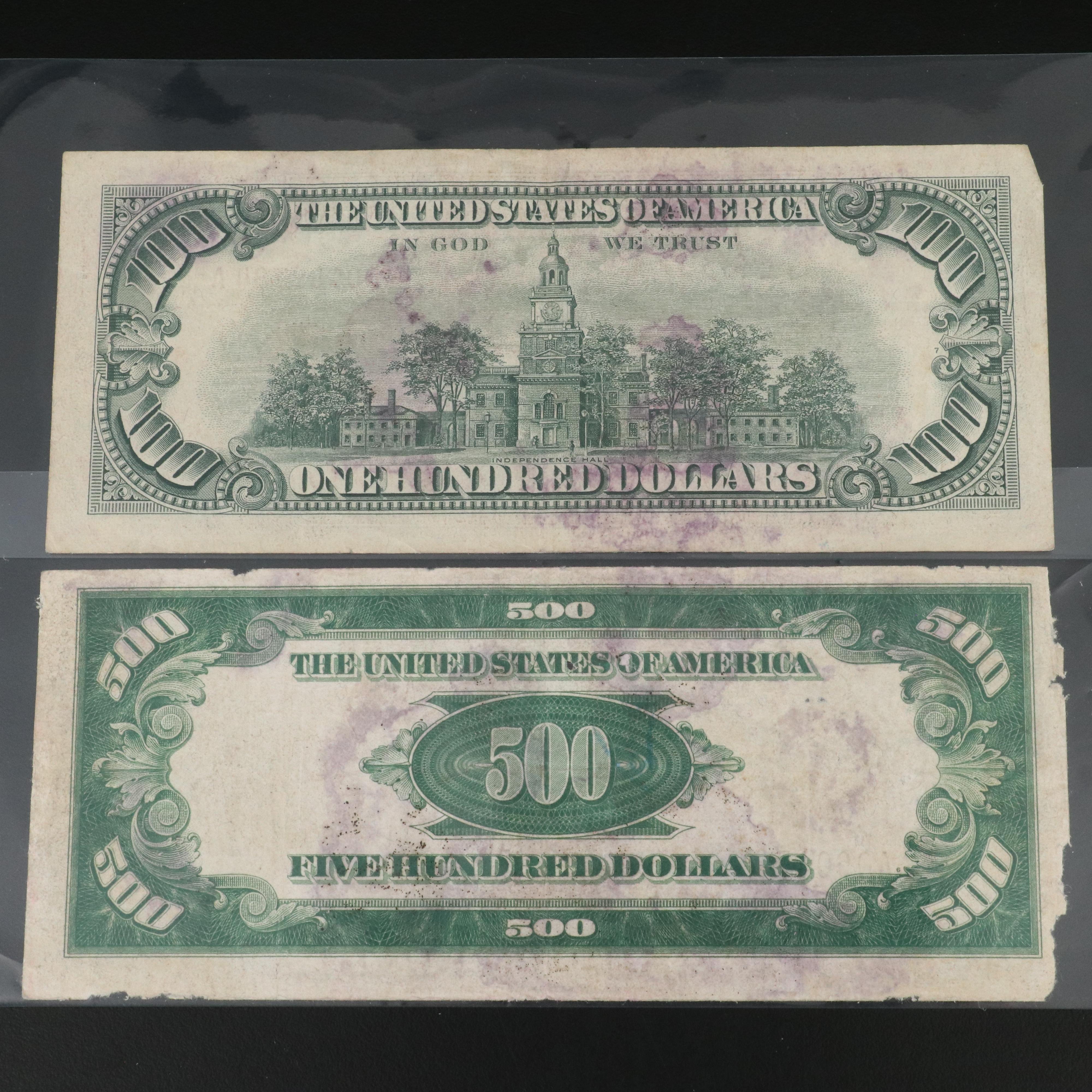 1934 $500 Dollar Federal Reserve Note with Other Currency and an Indian Cent