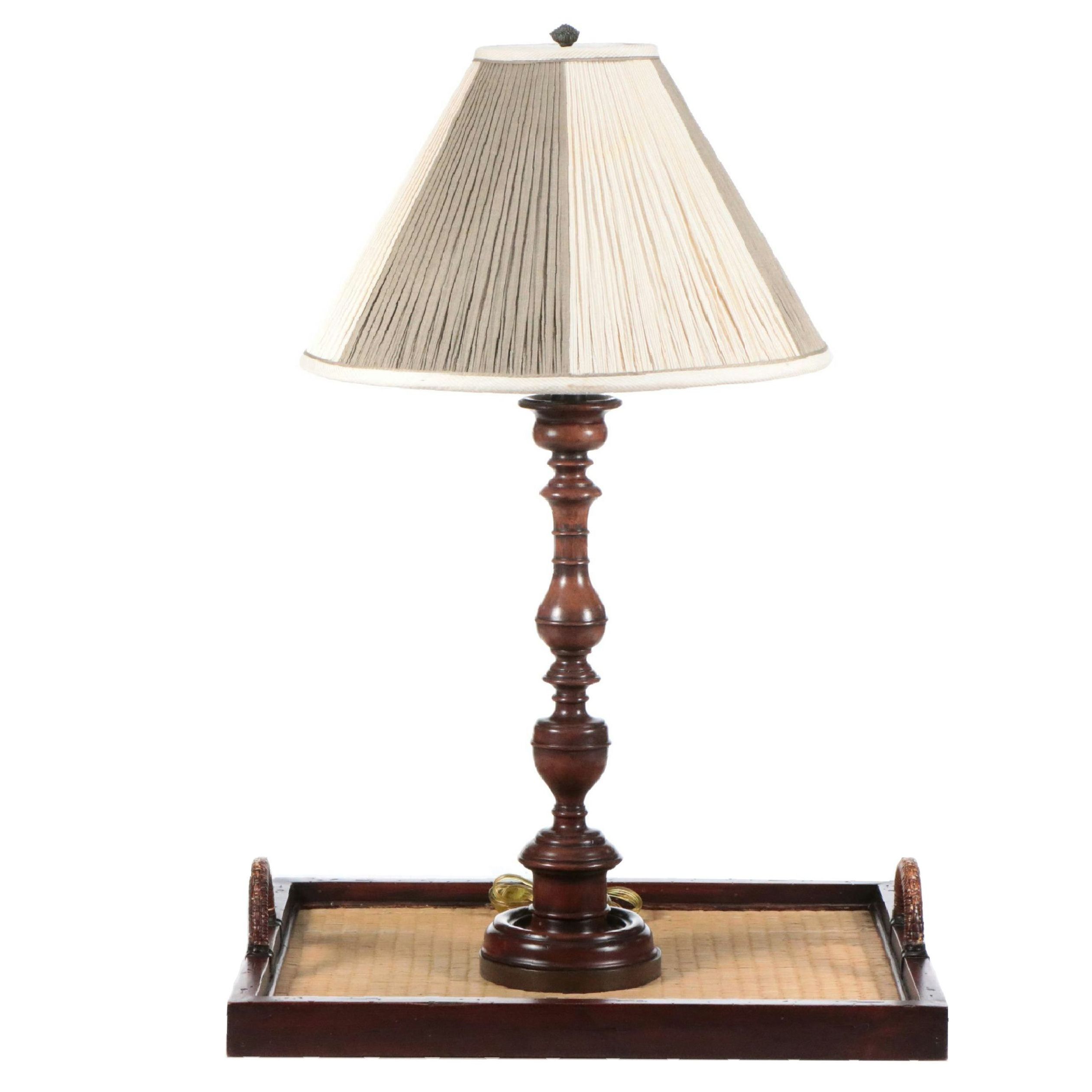 Woven Reed Surfaced Wood Tray and Wood Baluster Table Lamp