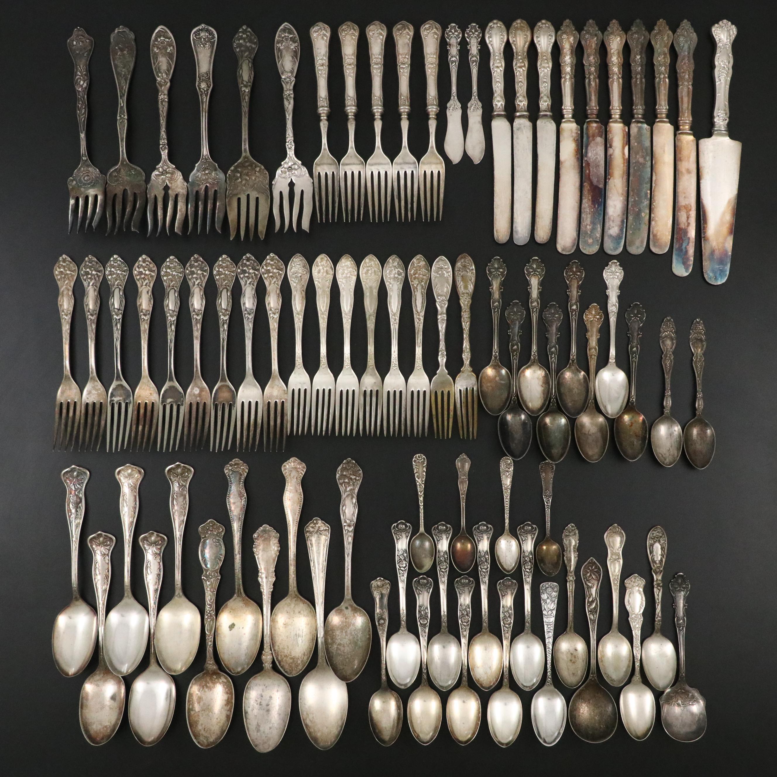 Art Nouveau Style Silver Plate and Sterling Silver Flatware