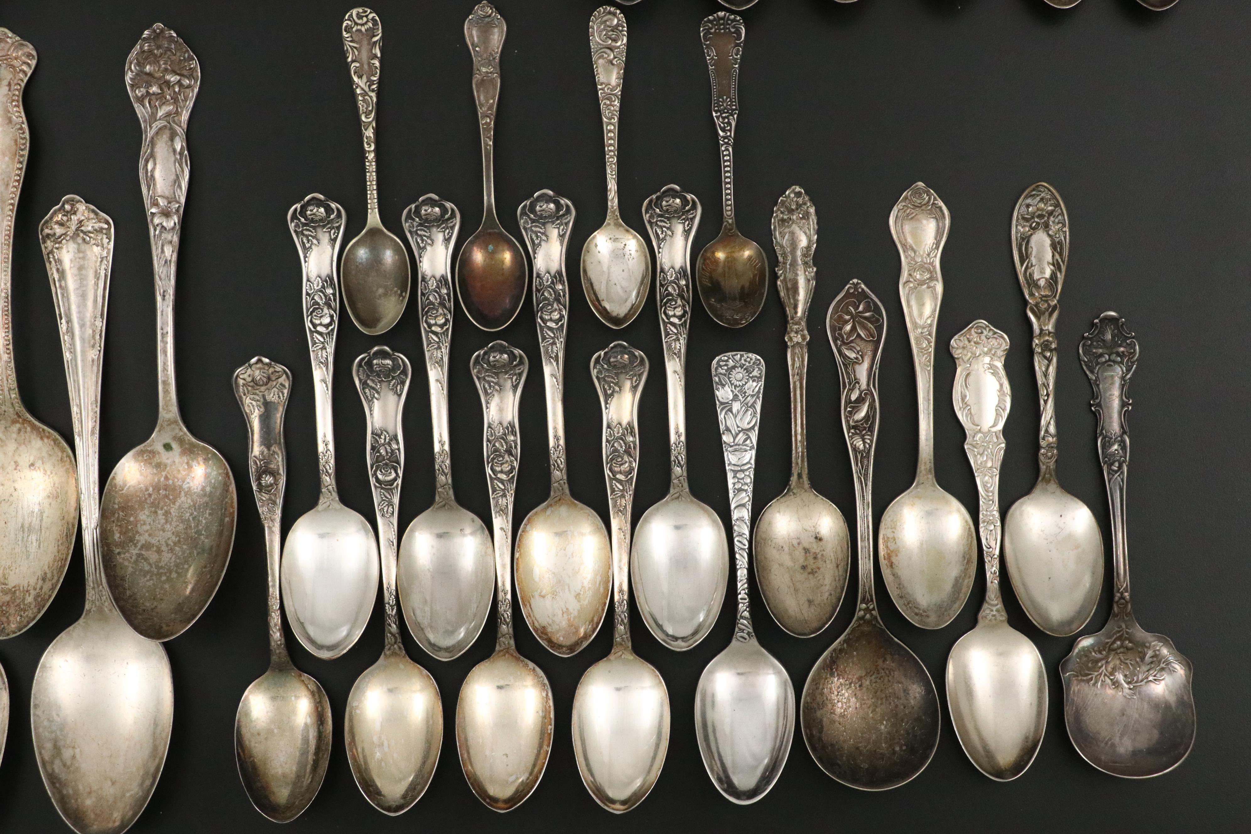 Art Nouveau Style Silver Plate and Sterling Silver Flatware