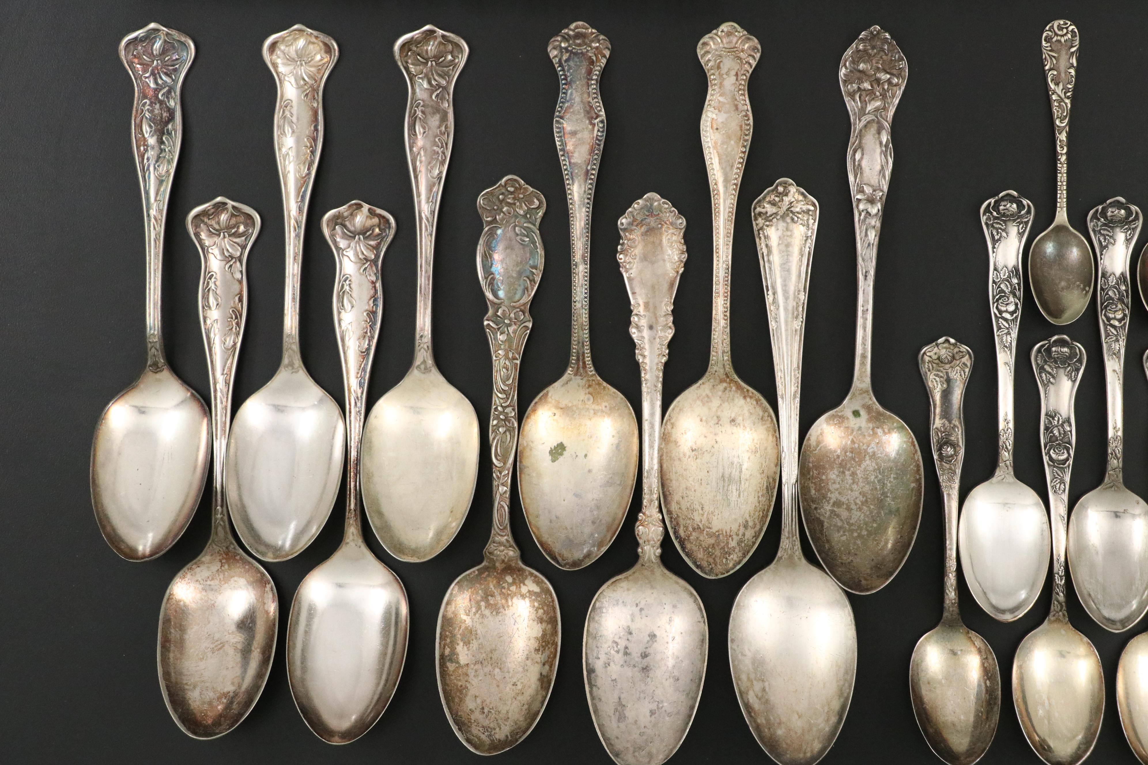 Art Nouveau Style Silver Plate and Sterling Silver Flatware