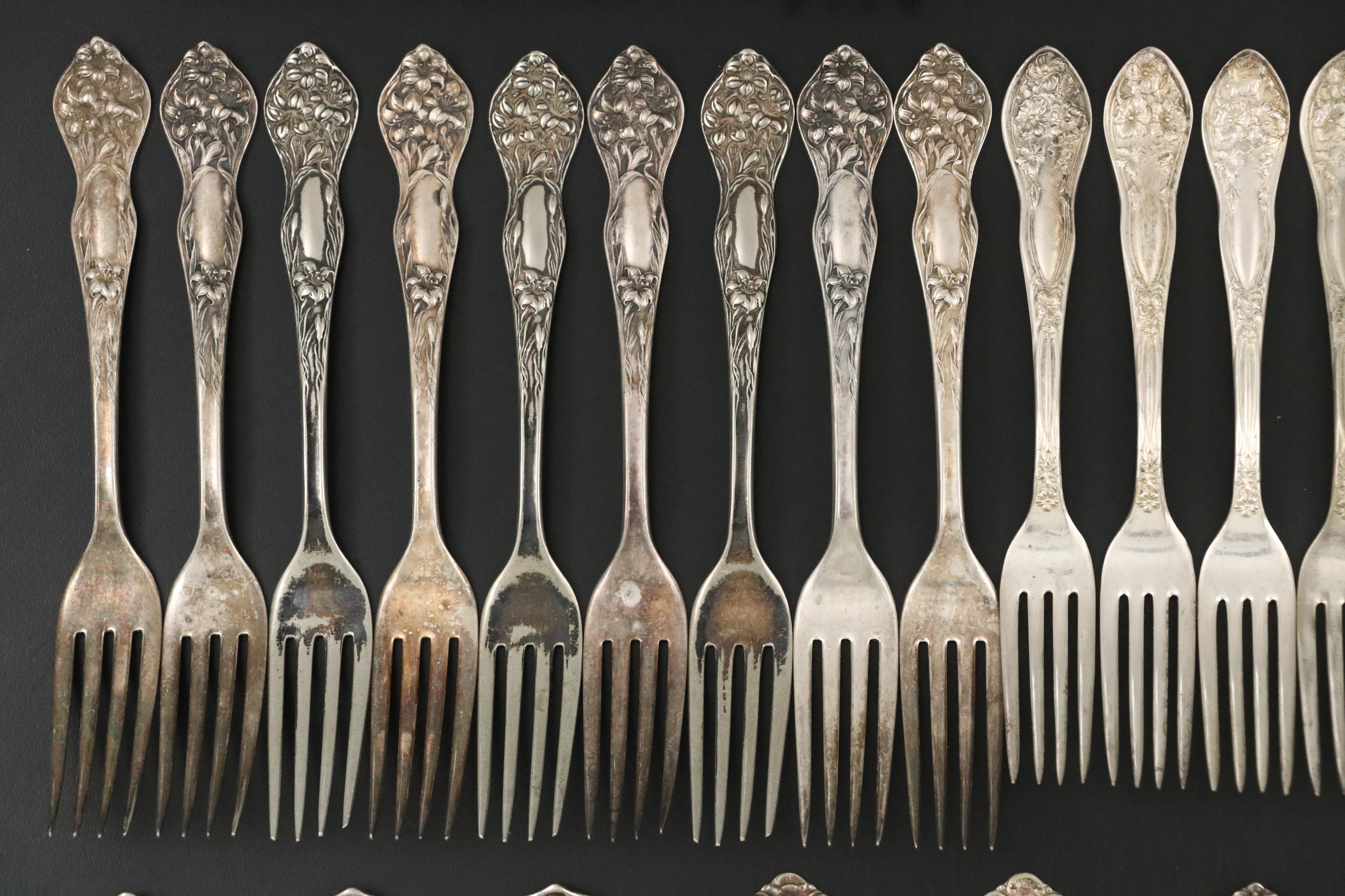 Art Nouveau Style Silver Plate and Sterling Silver Flatware