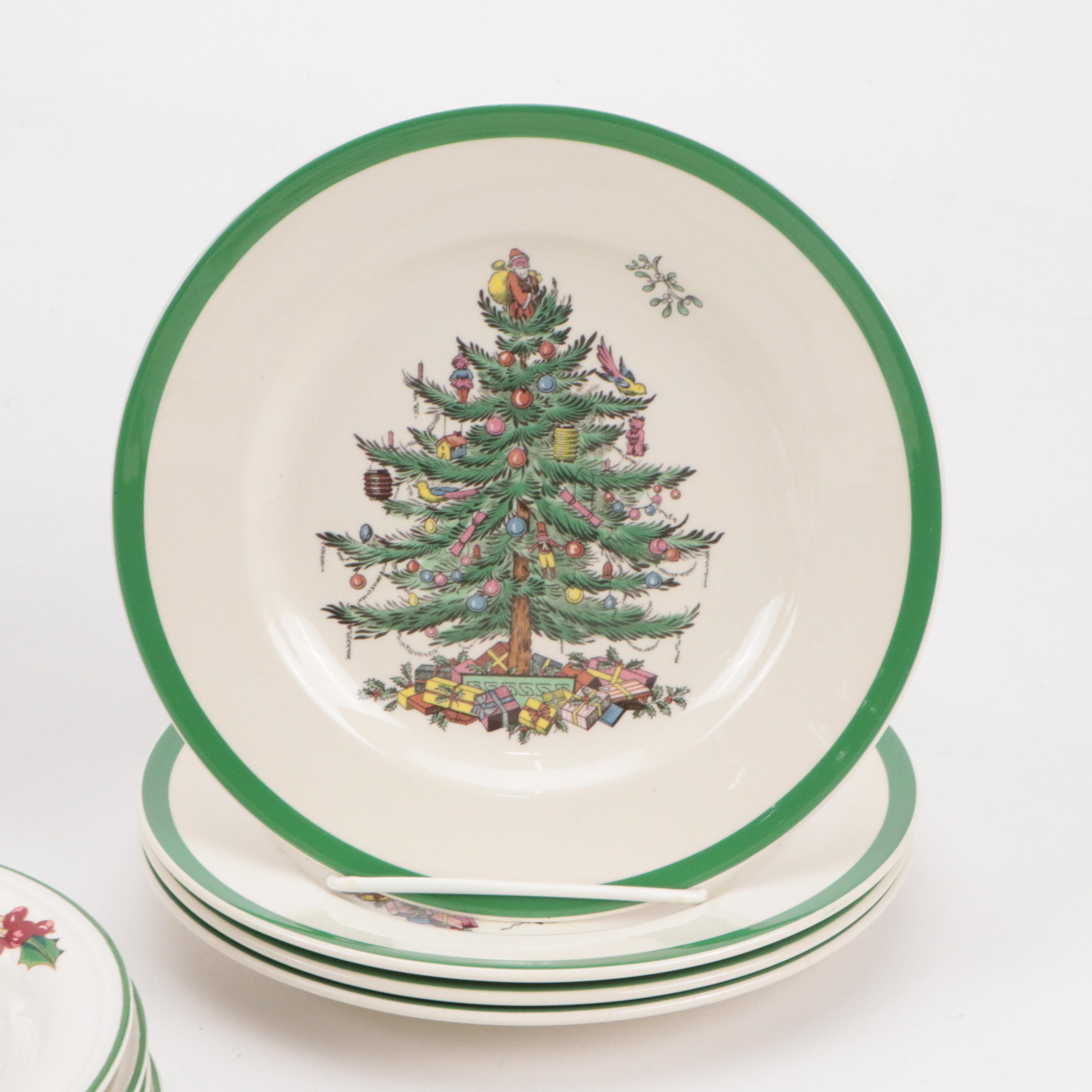 Spode "Christmas Tree" Ceramic Mugs and Salad Plates with More Table Accessories