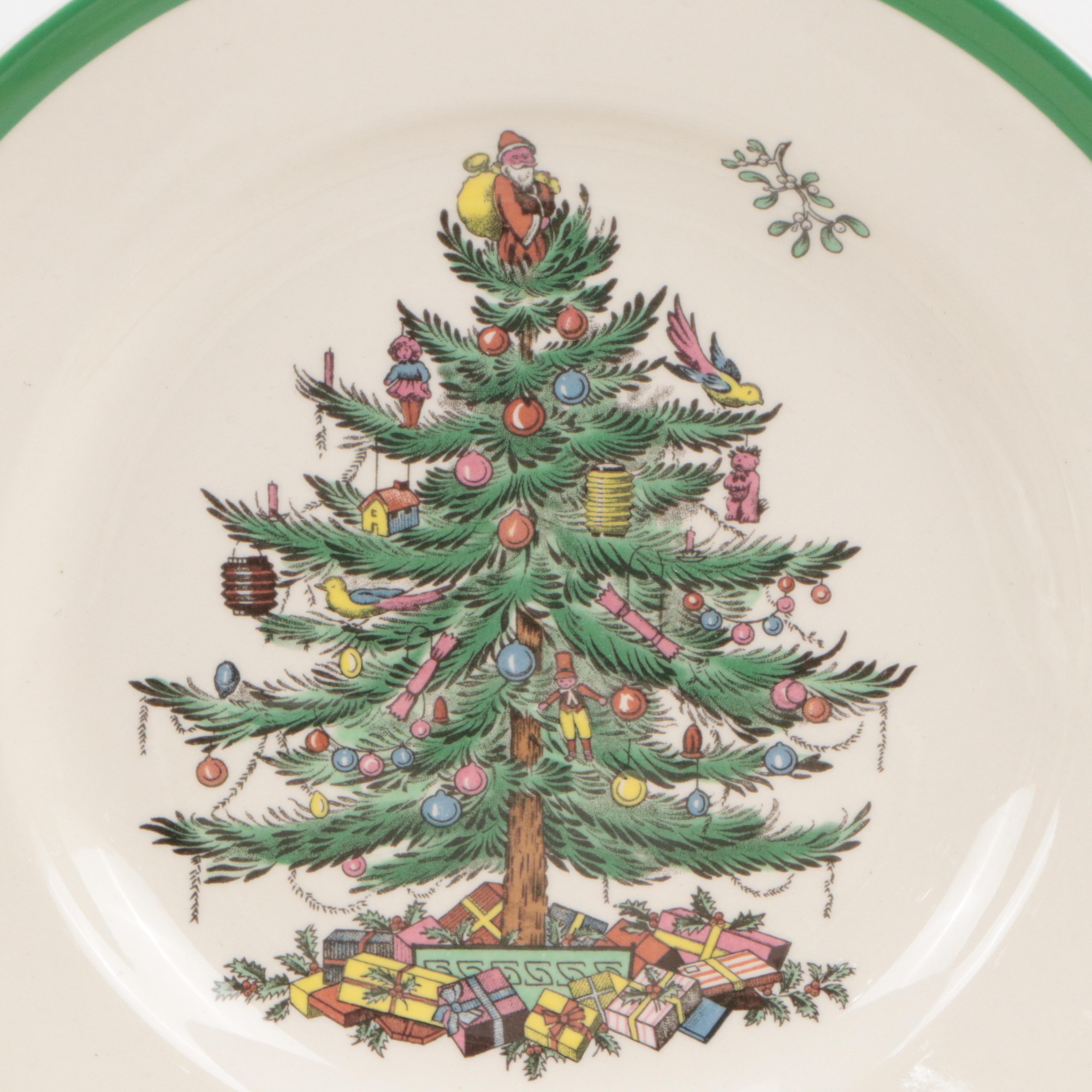 Spode "Christmas Tree" Ceramic Mugs and Salad Plates with More Table Accessories