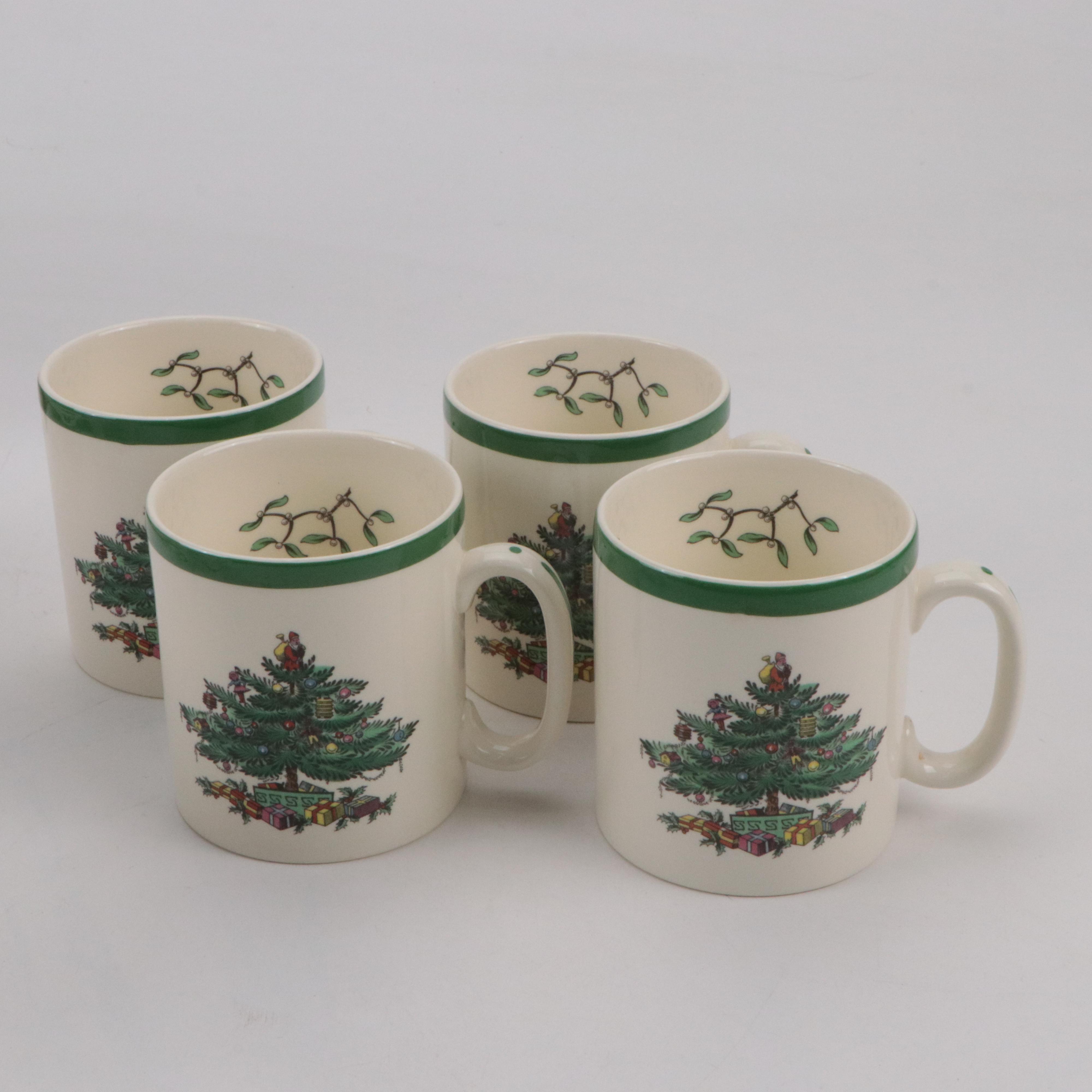 Spode "Christmas Tree" Ceramic Mugs and Salad Plates with More Table Accessories