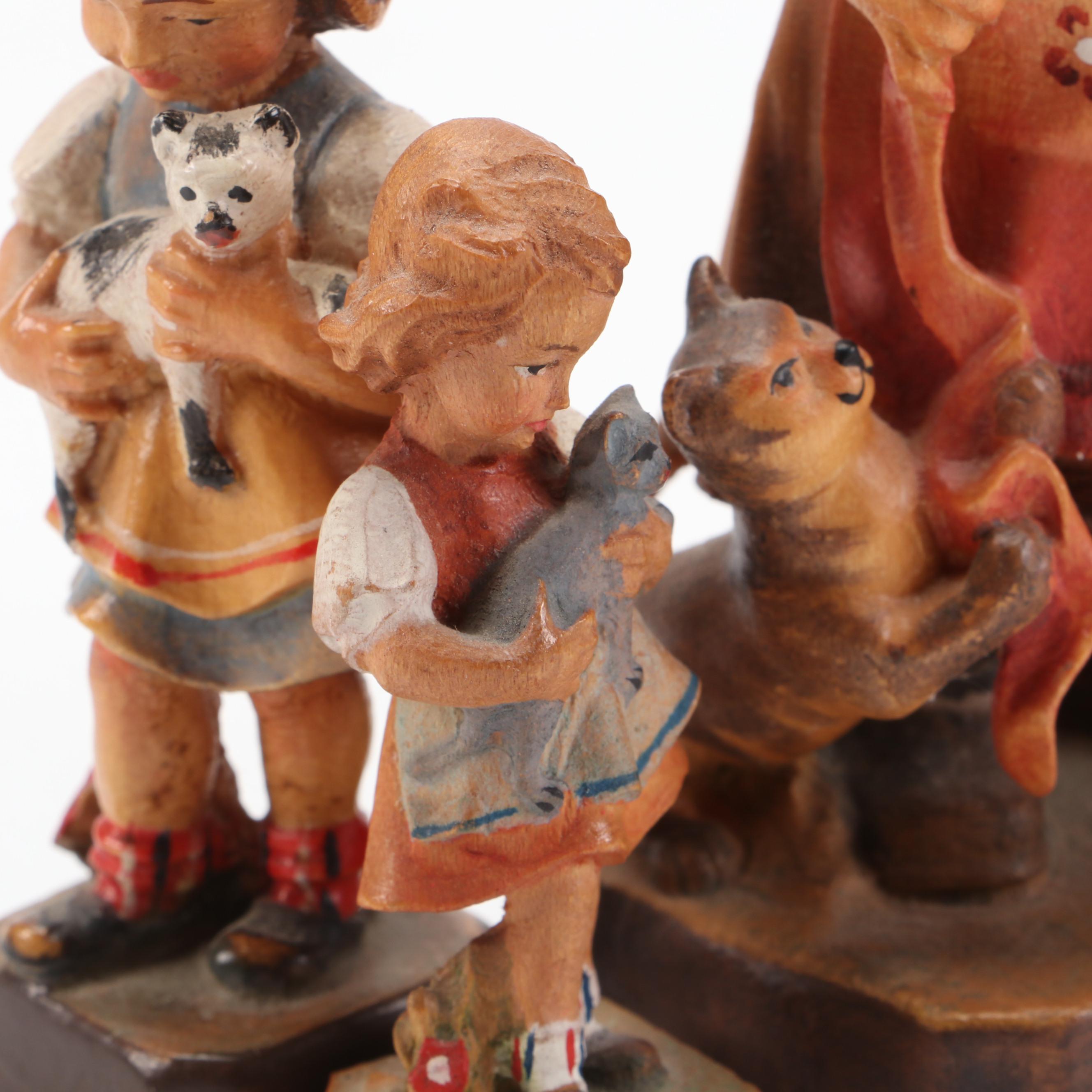 Japanese Wood Kokeshi Doll with Resin and Carved Wood Figurines