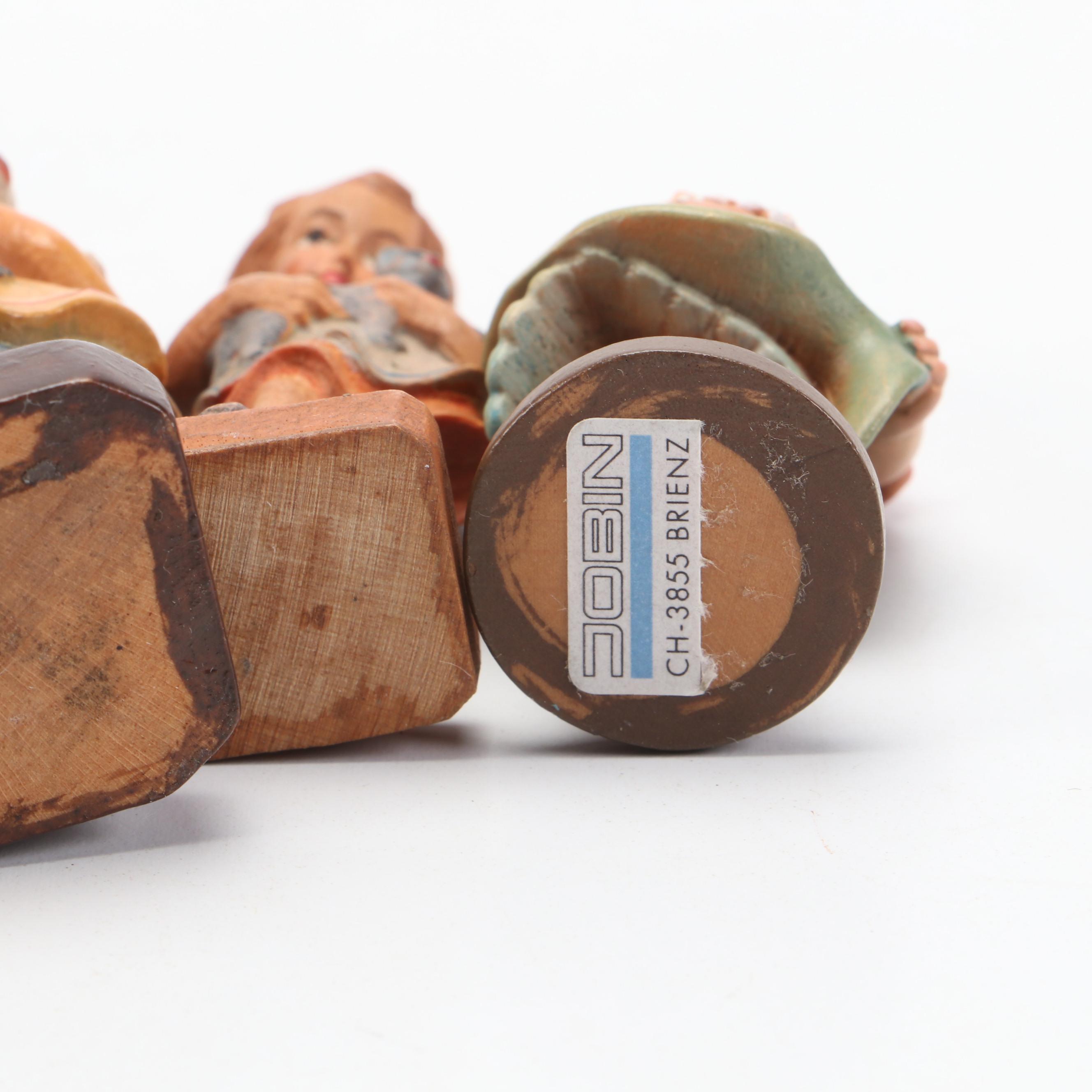 Japanese Wood Kokeshi Doll with Resin and Carved Wood Figurines