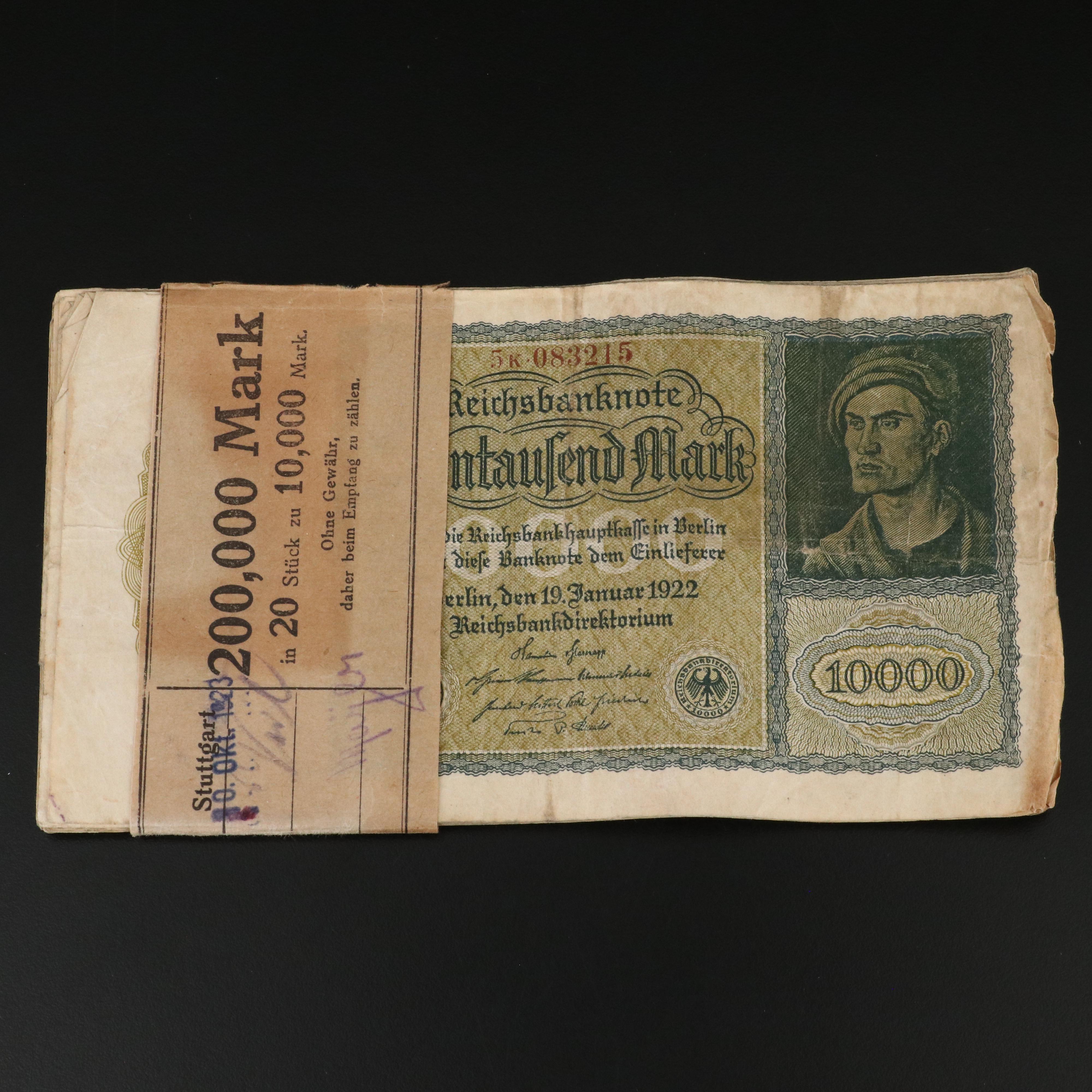 Group of Twenty 1922 German 10,000 Mark Currency Notes
