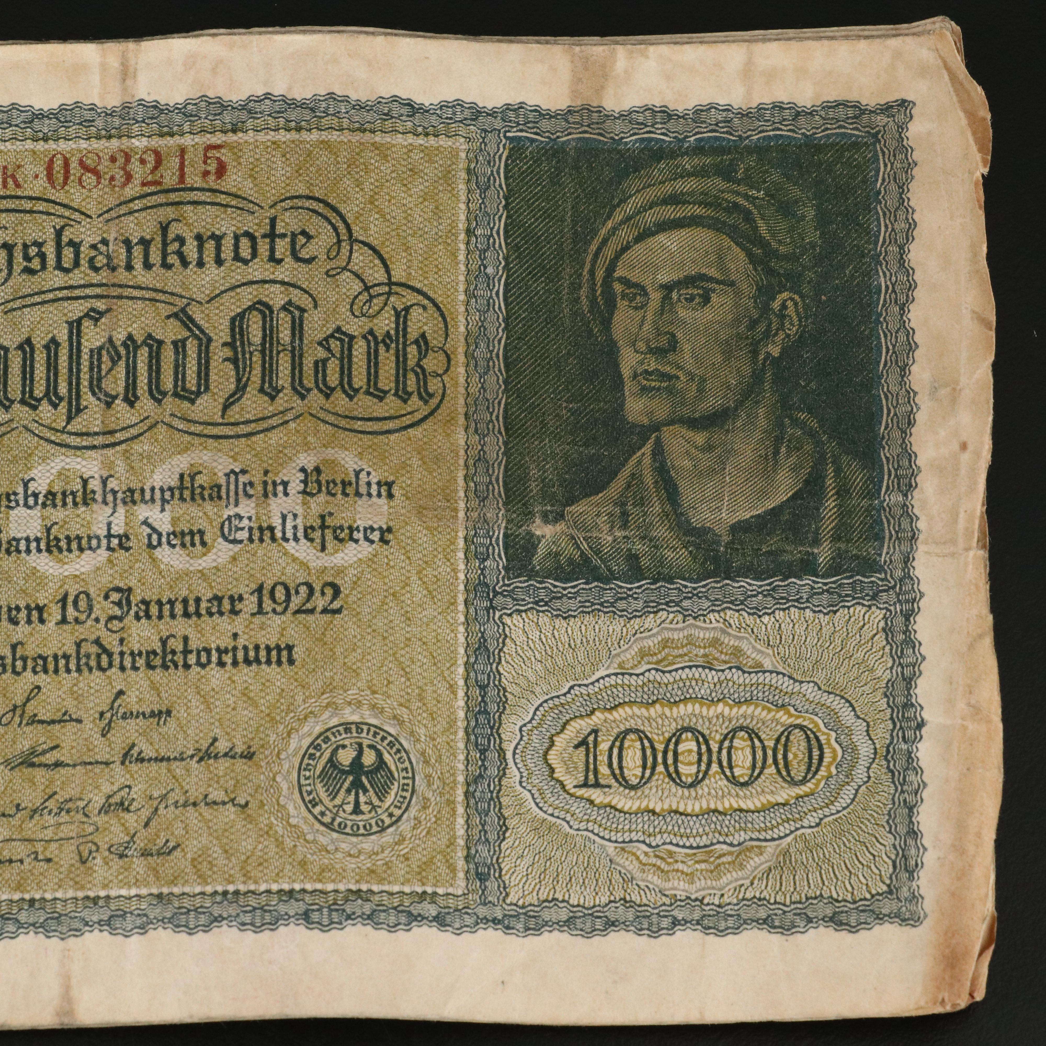 Group of Twenty 1922 German 10,000 Mark Currency Notes