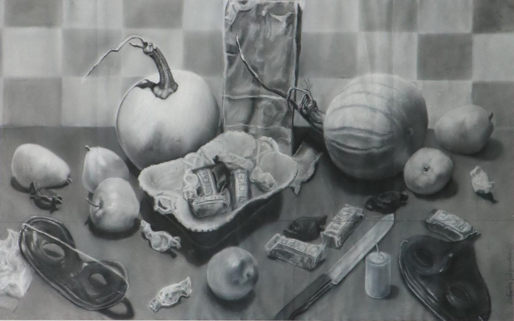 Salvator J. Ingrassia Still Life Charcoal Drawing "Halloween Readiness"