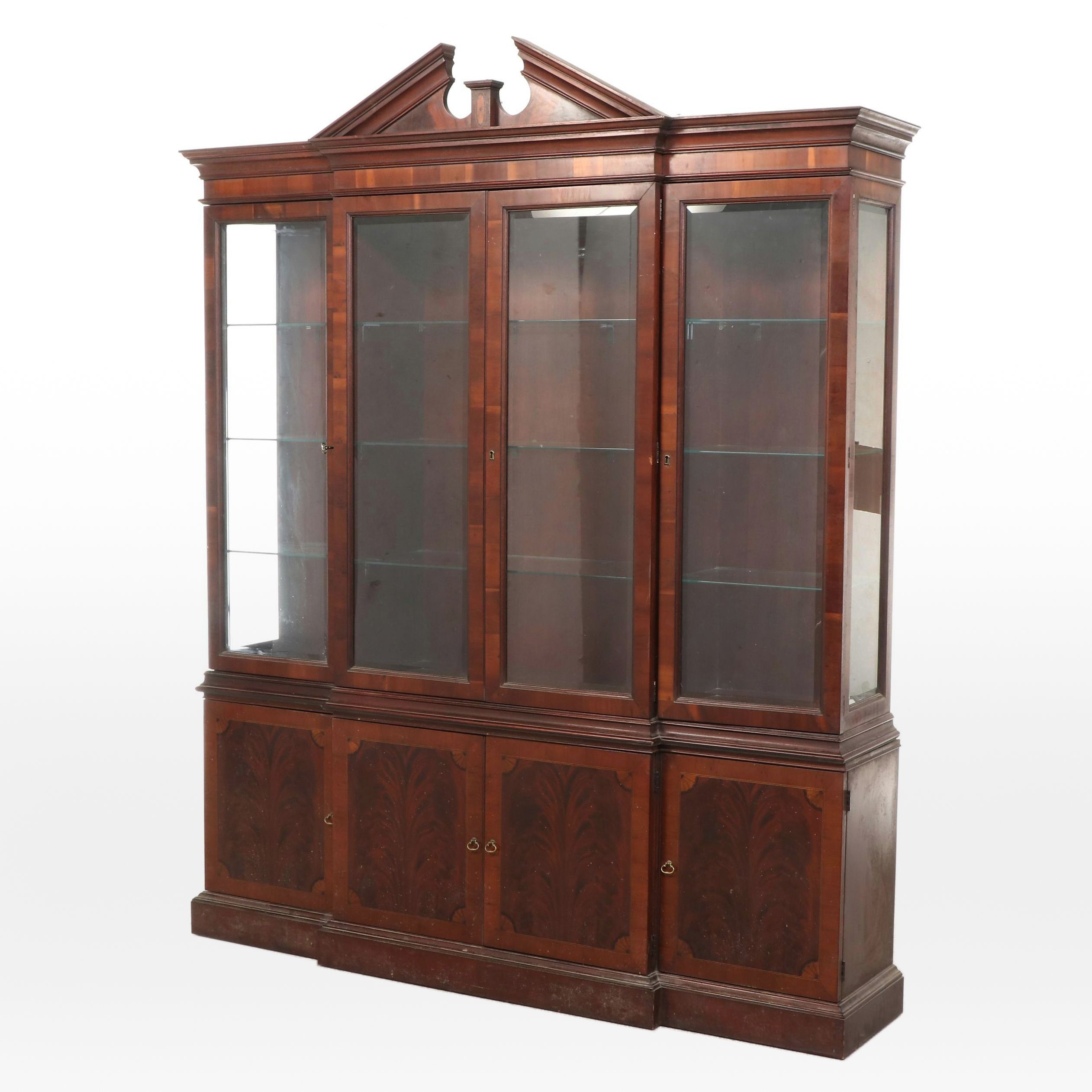 Sheraton Style Mahogany and Burl Wood Breakfront China Cabinet, Late 20th C.