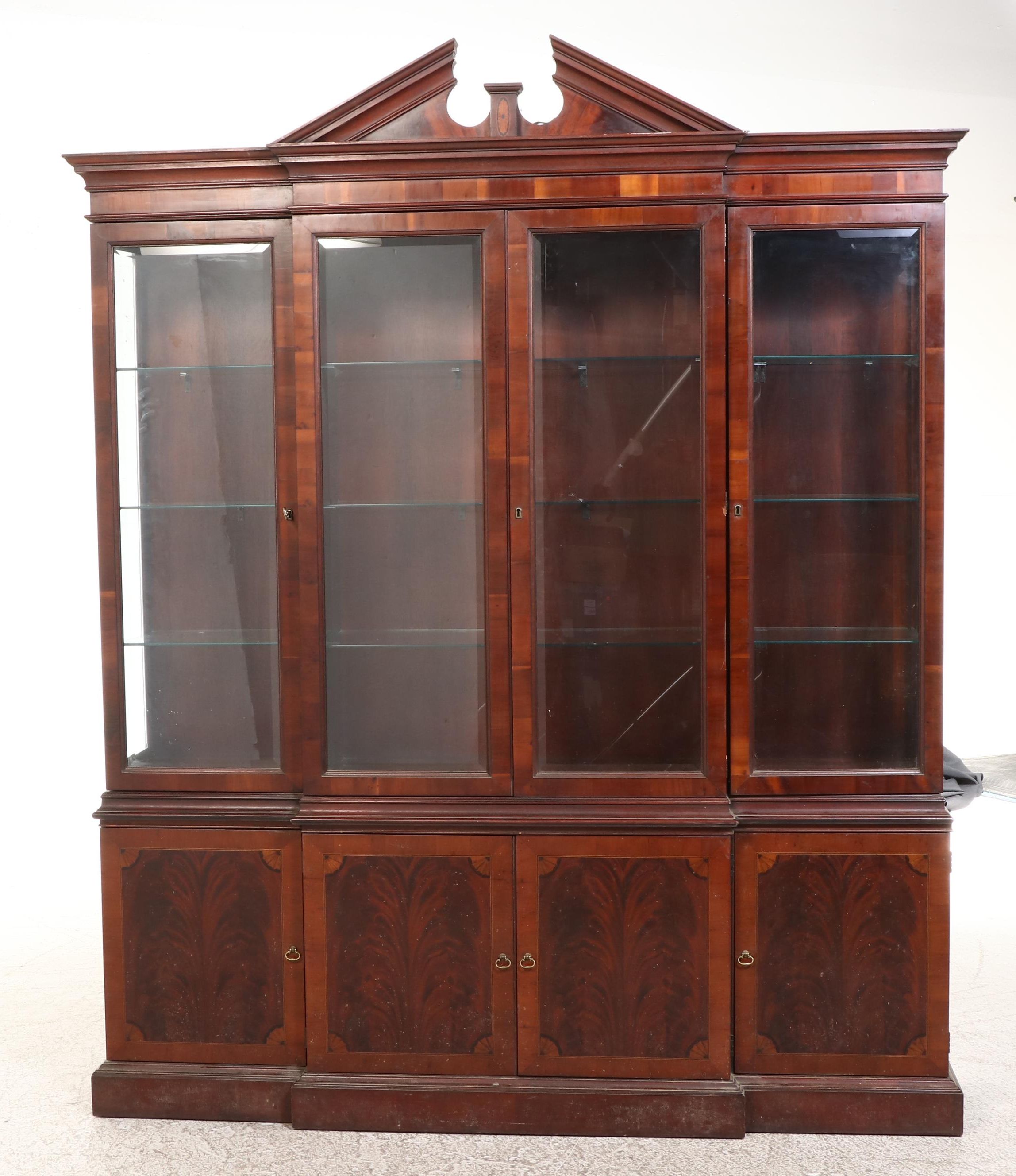 Sheraton Style Mahogany and Burl Wood Breakfront China Cabinet, Late 20th C.