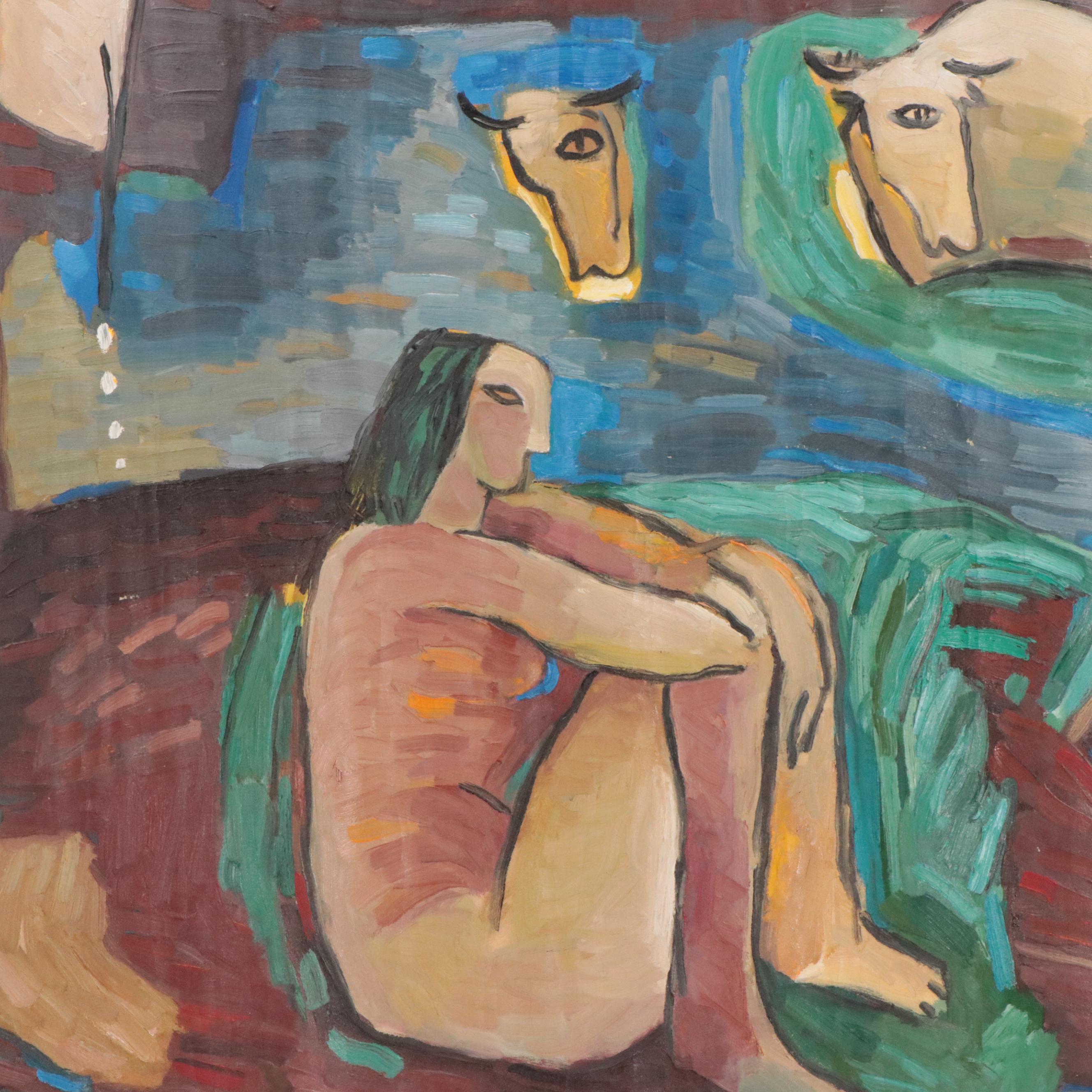 Nguyen Than Modernist Figural Oil Painting, 1993