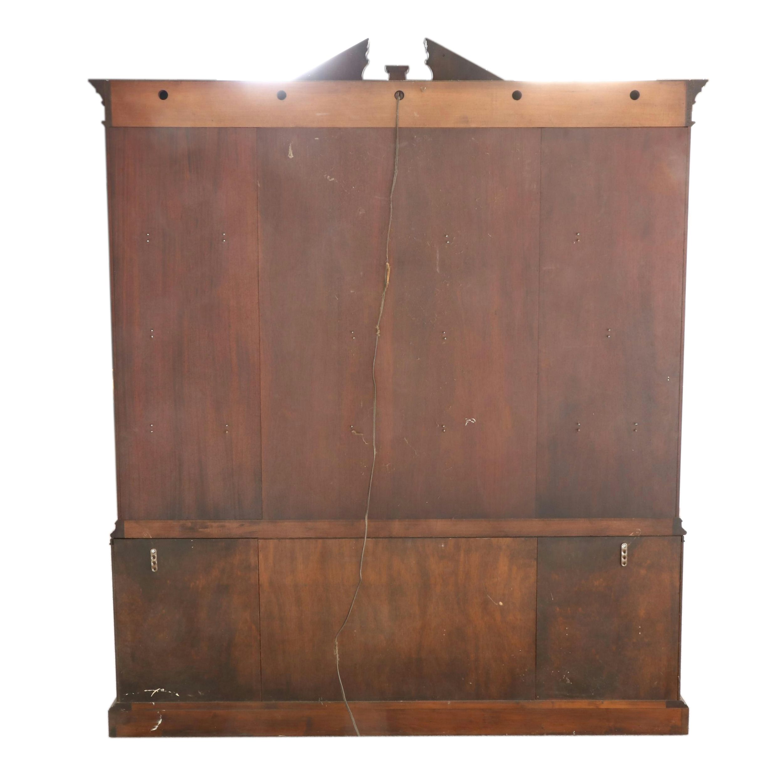 Sheraton Style Mahogany and Burl Wood Breakfront China Cabinet, Late 20th C.