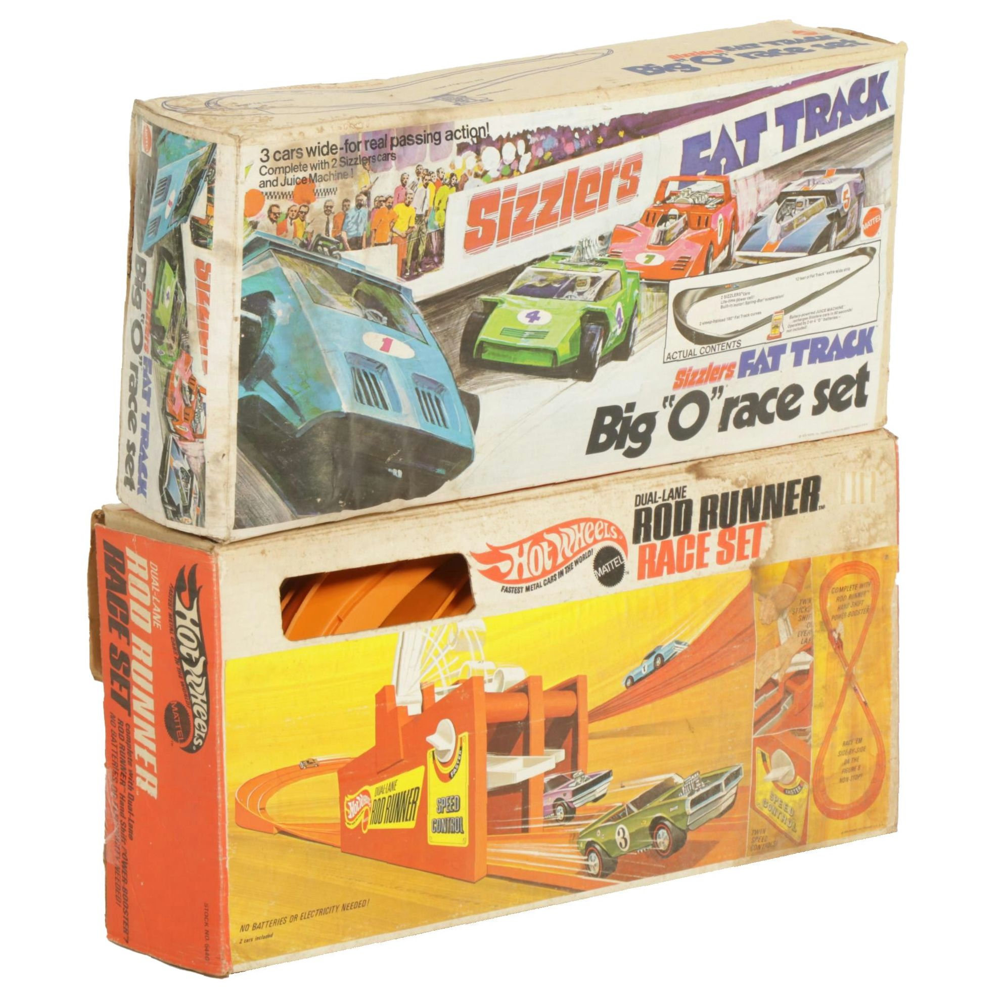 Hot Wheels "Dual-Lane Rod Runner" and Mattel "Sizzlers Big O" Race Sets