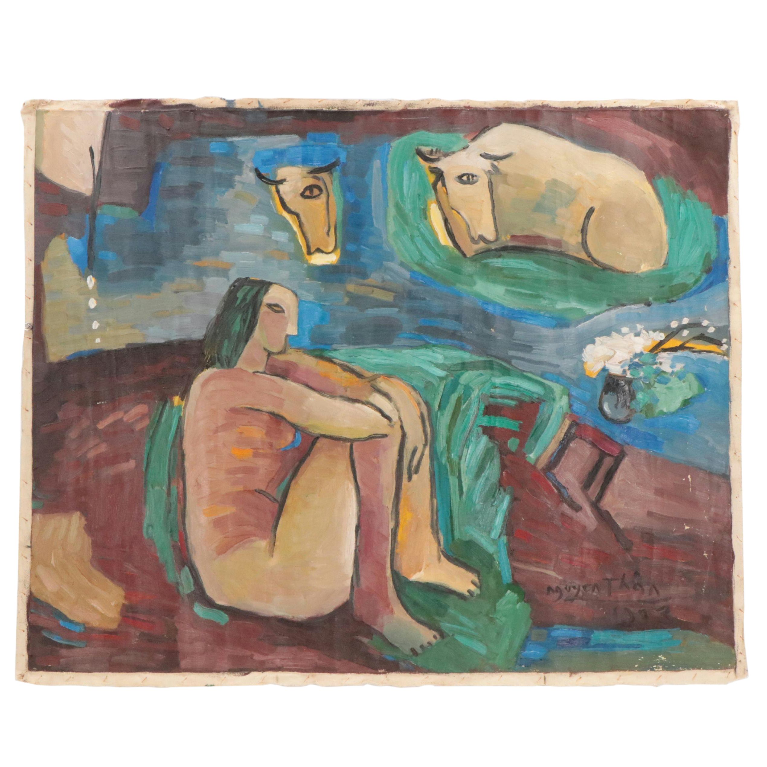 Nguyen Than Modernist Figural Oil Painting, 1993