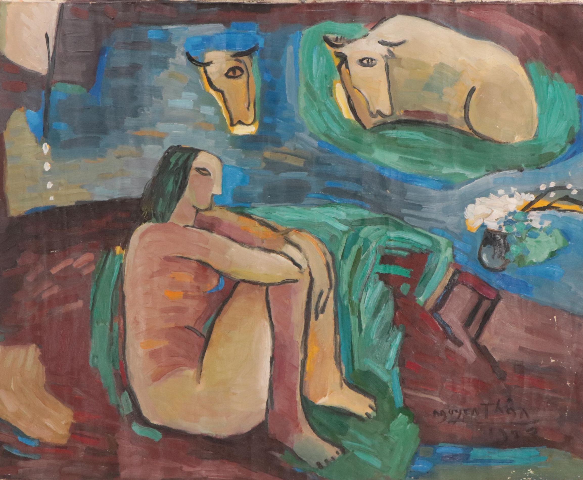 Nguyen Than Modernist Figural Oil Painting, 1993