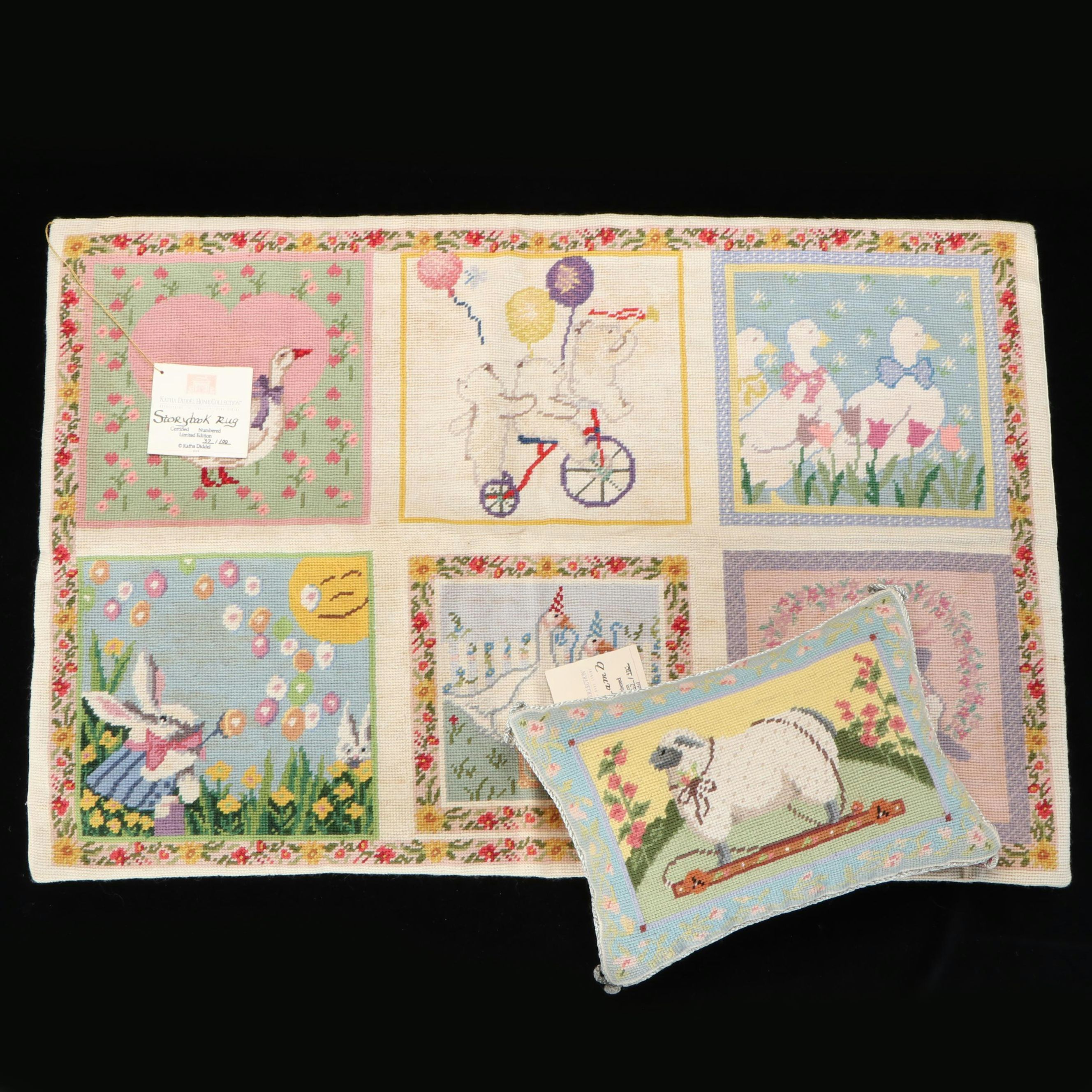 Katha Diddel Handmade Child's Storybook Needlepoint Rug and Lamb Pillow