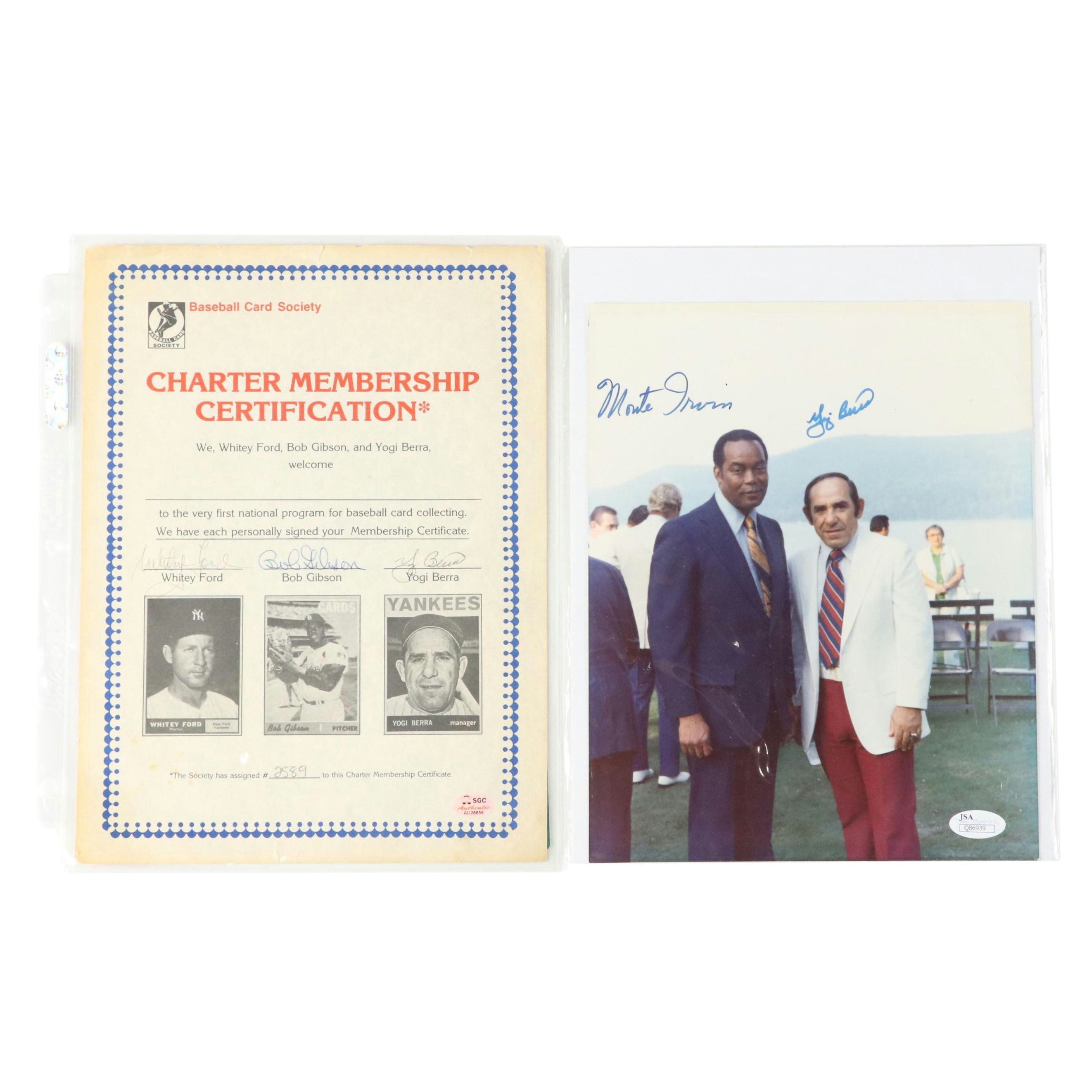 Yogi Berra, Bob Gibson, and Whitey Ford Signed Certification with More