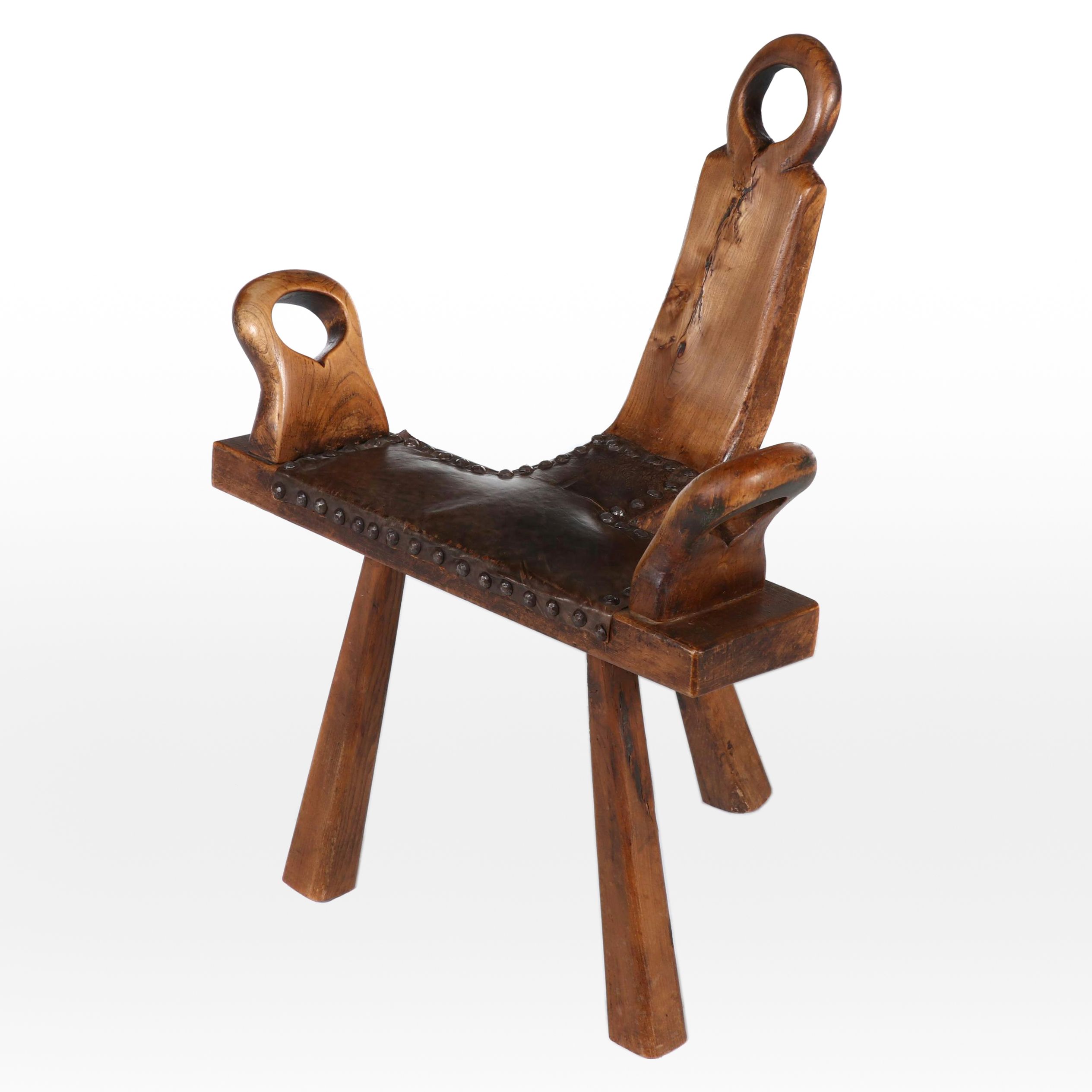Spanish Brutalist Style Wooden and Leather Bootstrap Birthing Chair