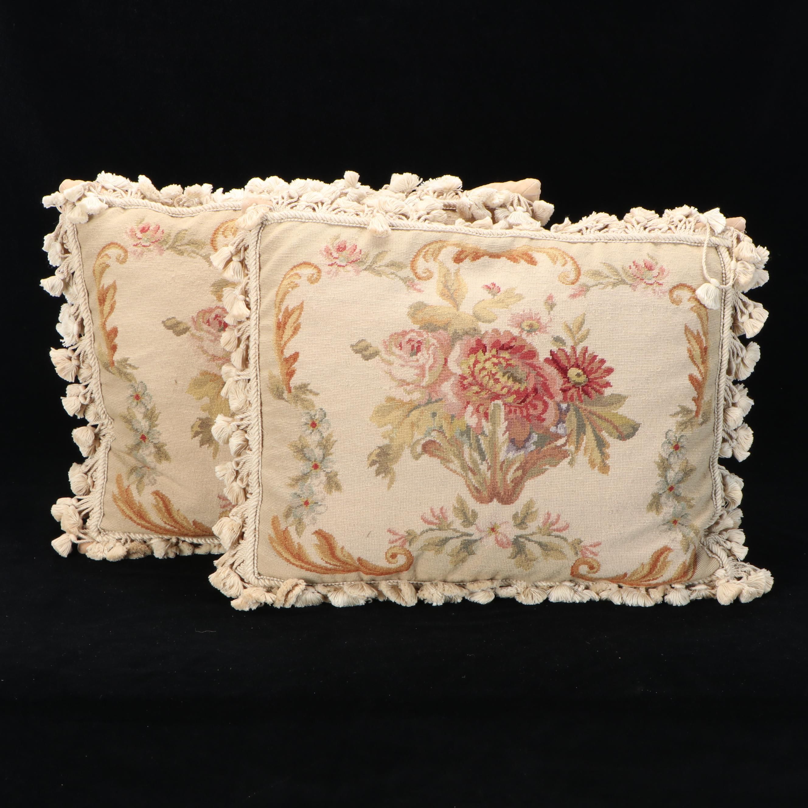 Katha Diddel Handmade Floral Needlepoint Wool Accent Pillows