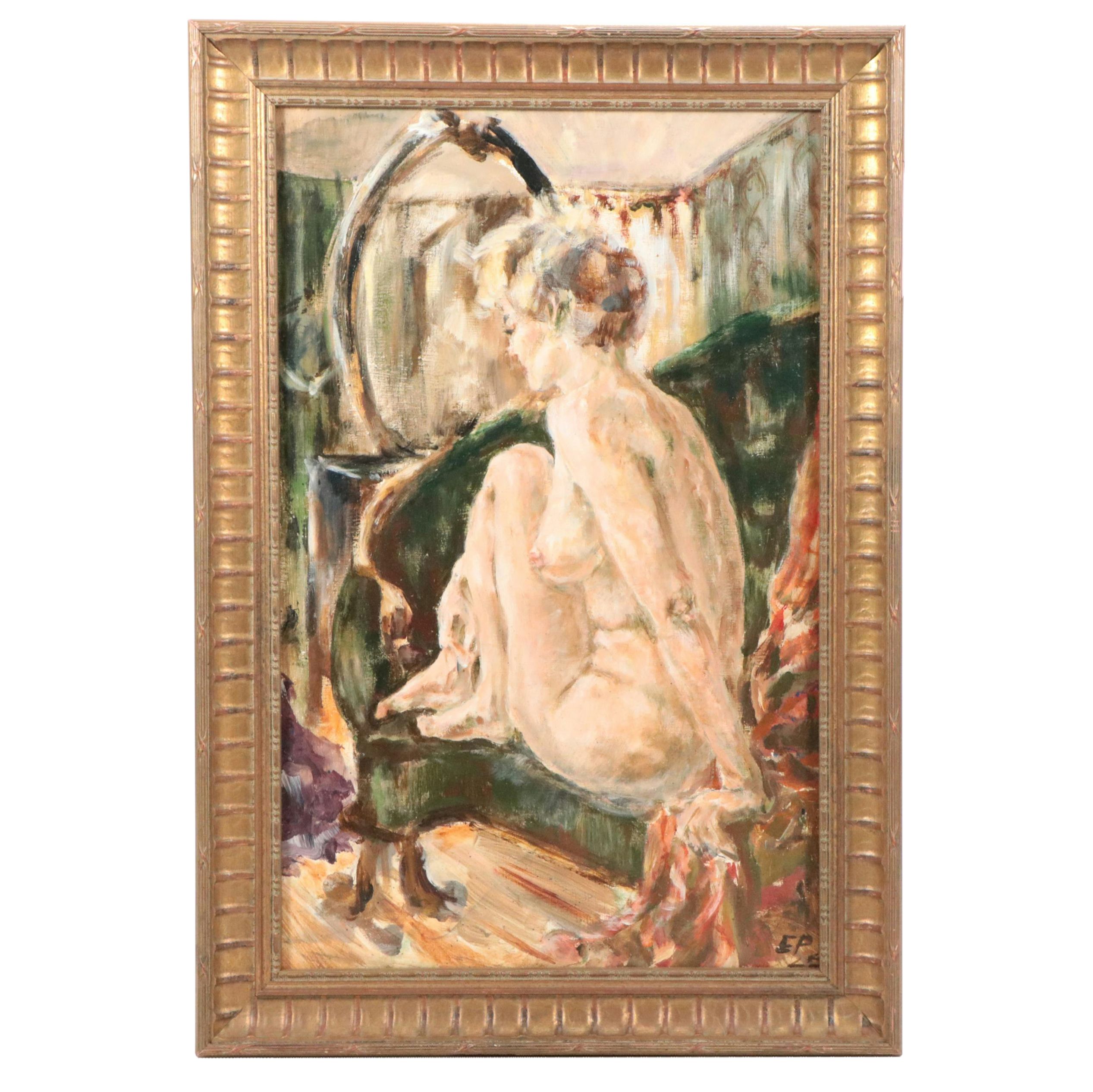 Eugene Pizzuto Oil Painting of Seated Nude, Late 20th Century
