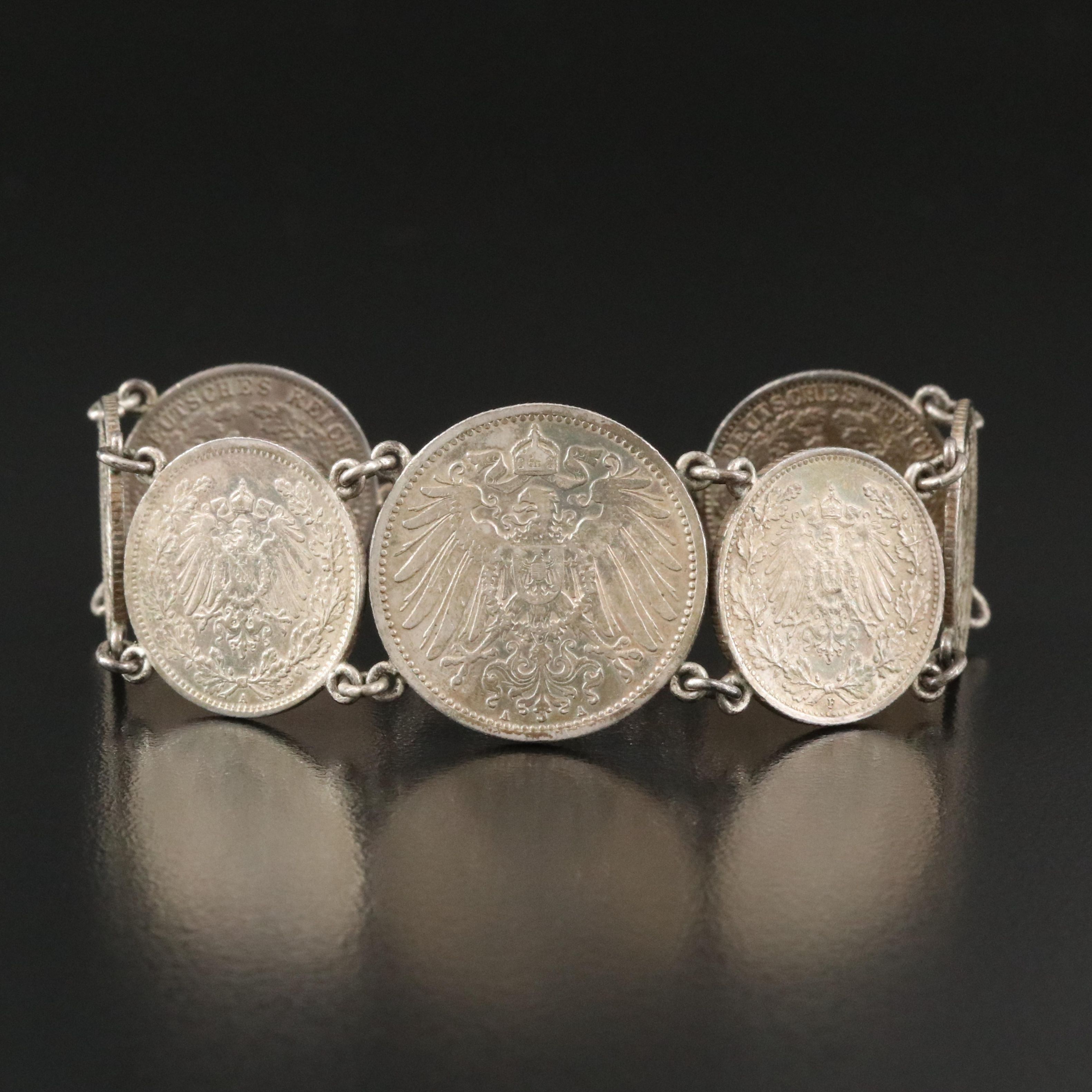 Sterling Bracelet with 1/2 and 1 Mark German Coins