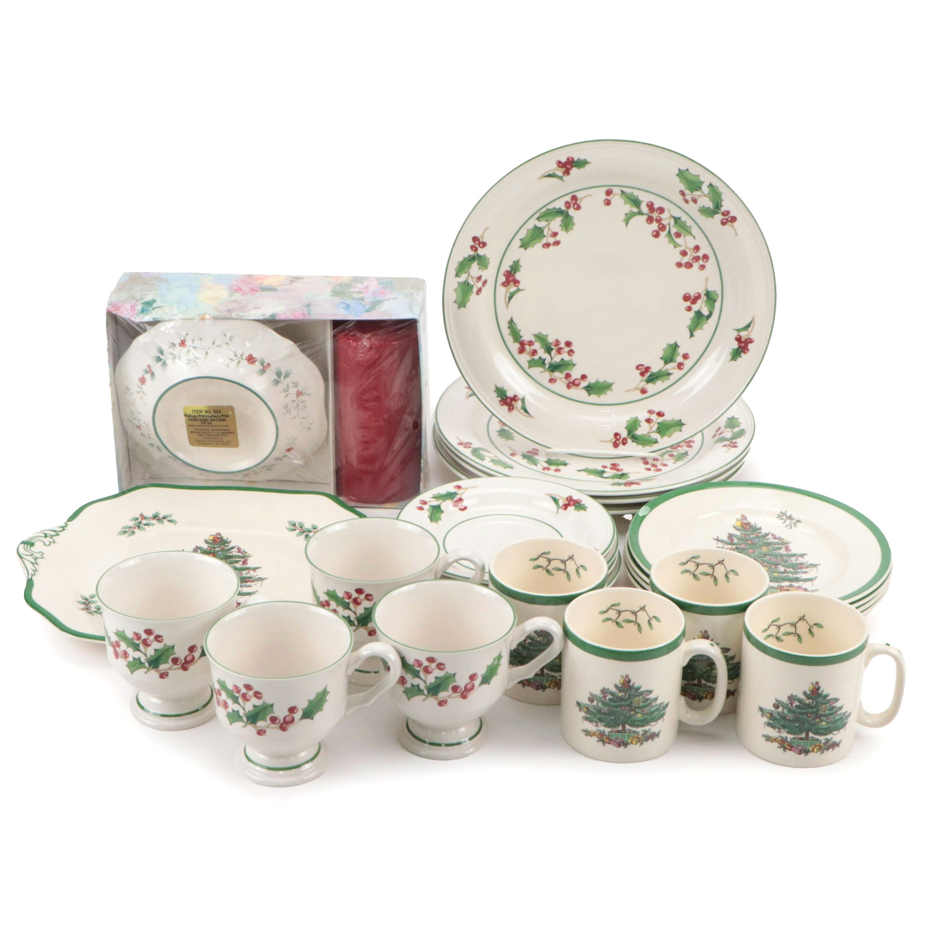 Spode "Christmas Tree" Ceramic Mugs and Salad Plates with More Table Accessories