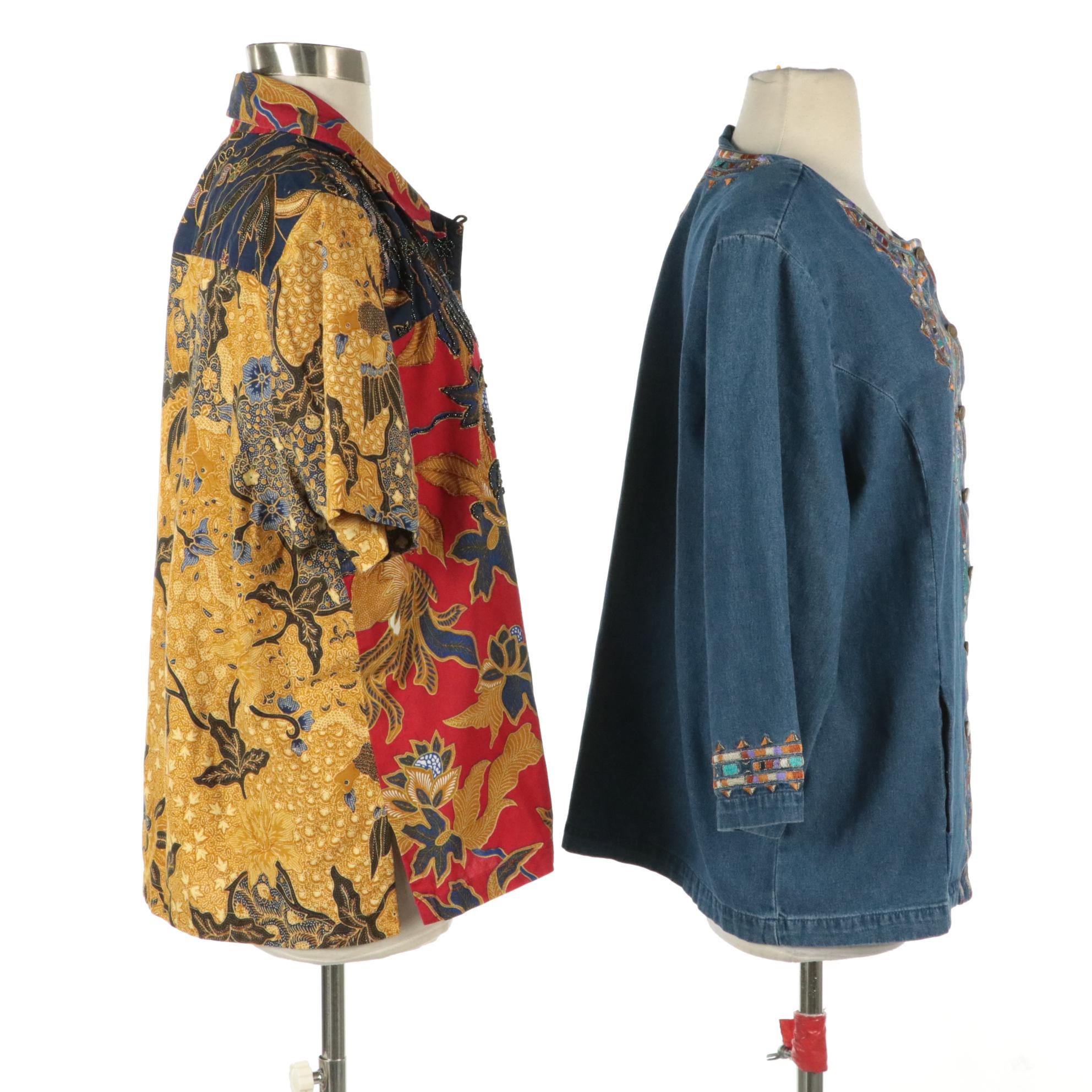 Bob Mackie Wearable Art Embroidered Top and Suryä Mixed Print/Beaded Shirt