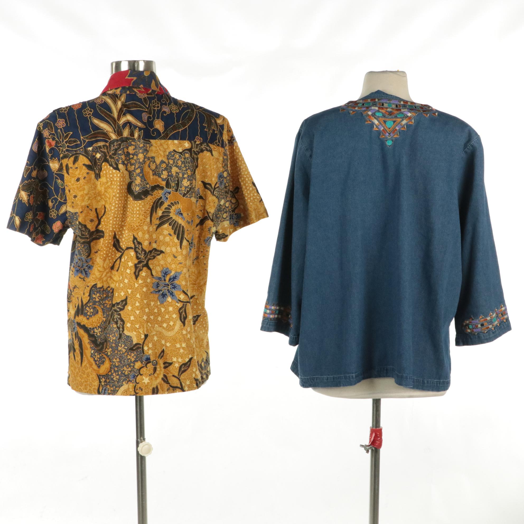 Bob Mackie Wearable Art Embroidered Top and Suryä Mixed Print/Beaded Shirt