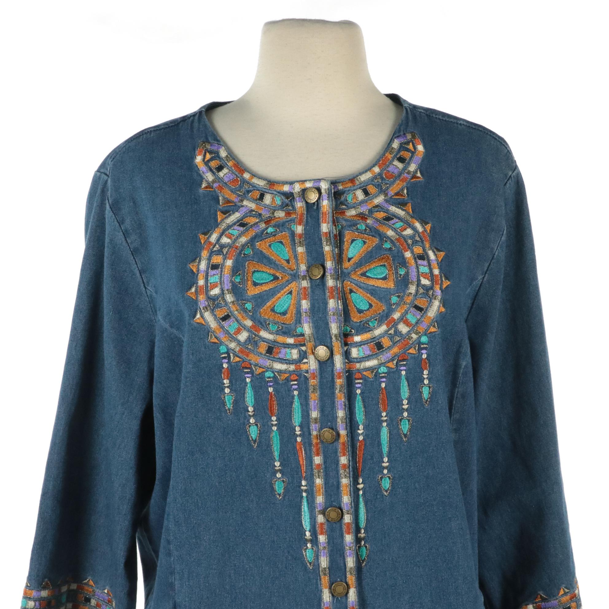 Bob Mackie Wearable Art Embroidered Top and Suryä Mixed Print/Beaded Shirt