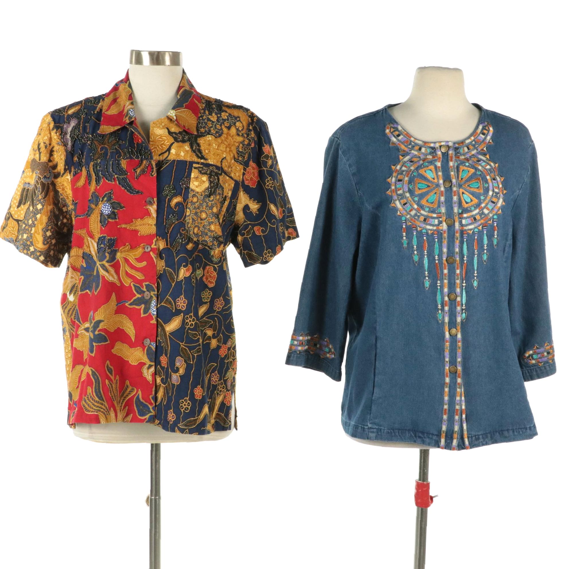 Bob Mackie Wearable Art Embroidered Top and Suryä Mixed Print/Beaded Shirt