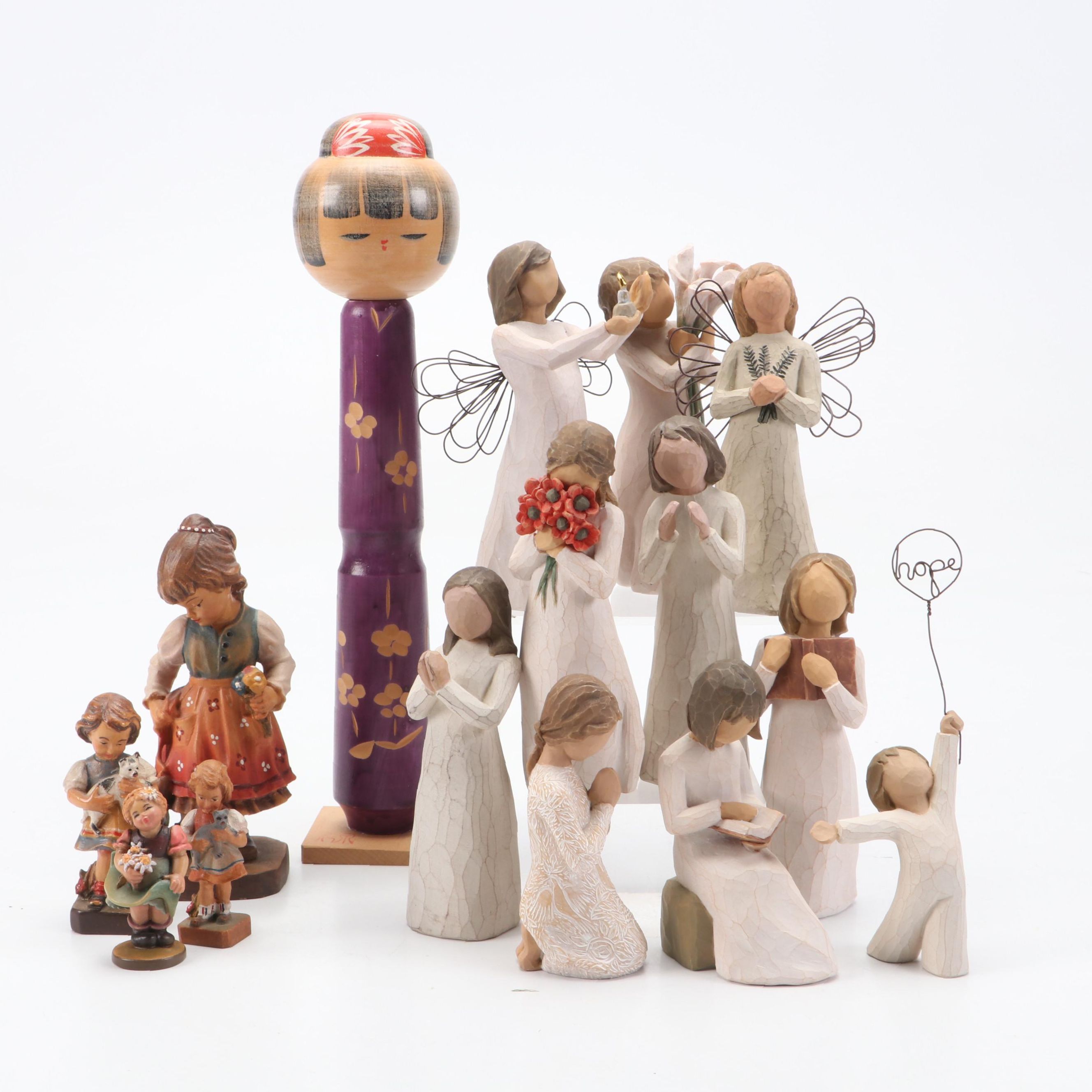 Japanese Wood Kokeshi Doll with Resin and Carved Wood Figurines