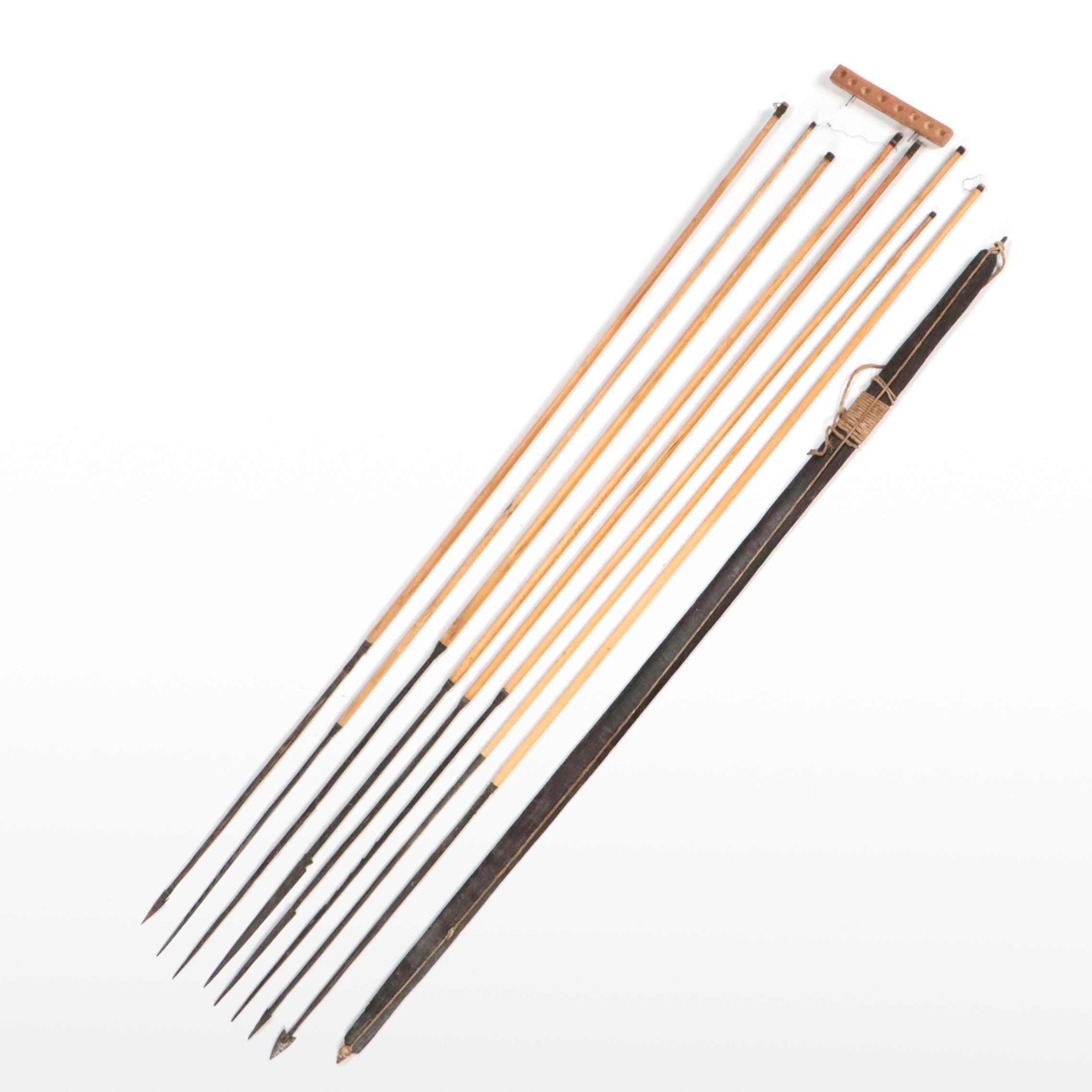 Iron and Wood Fishing Spears with Display Base and Primitive Style Bow