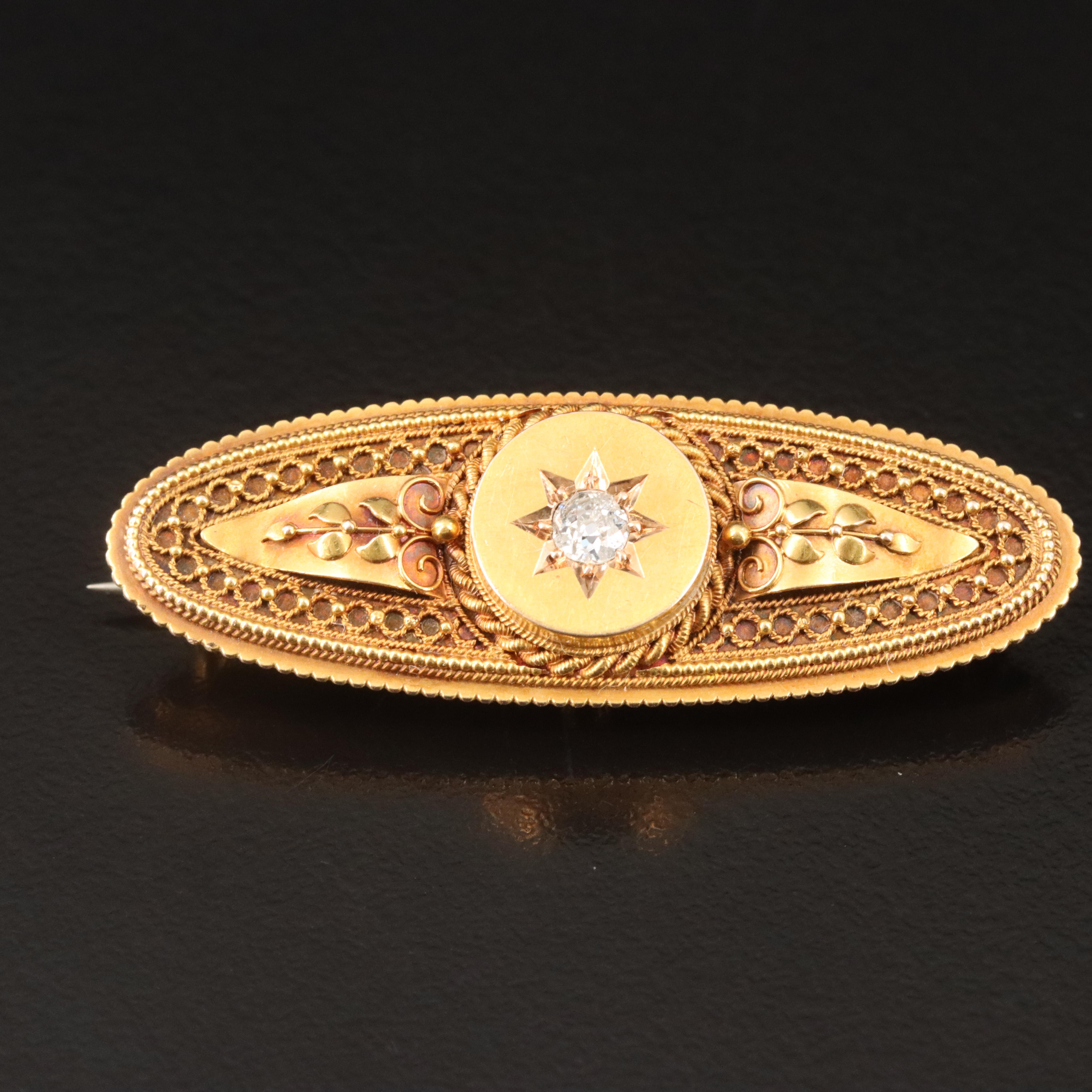 Victorian 15K 0.17 CT Diamond Mourning Brooch