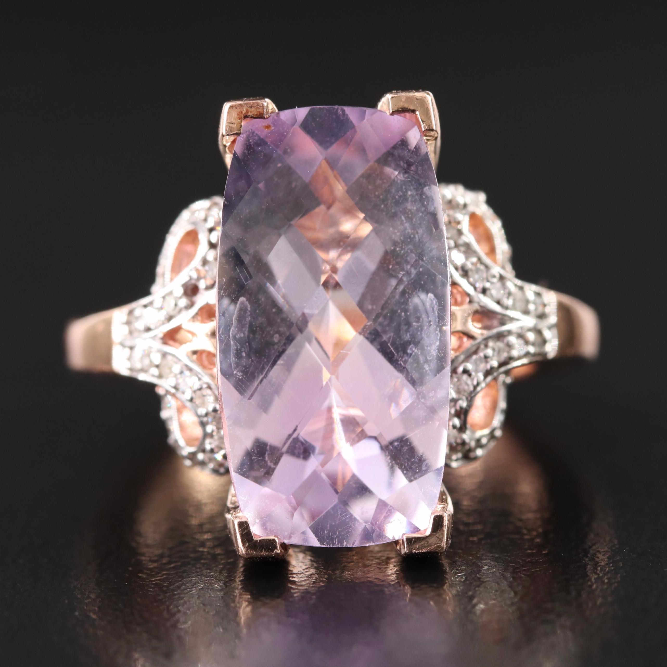 14K Rose Gold 10.40 CT Kunzite and Diamond Ring
