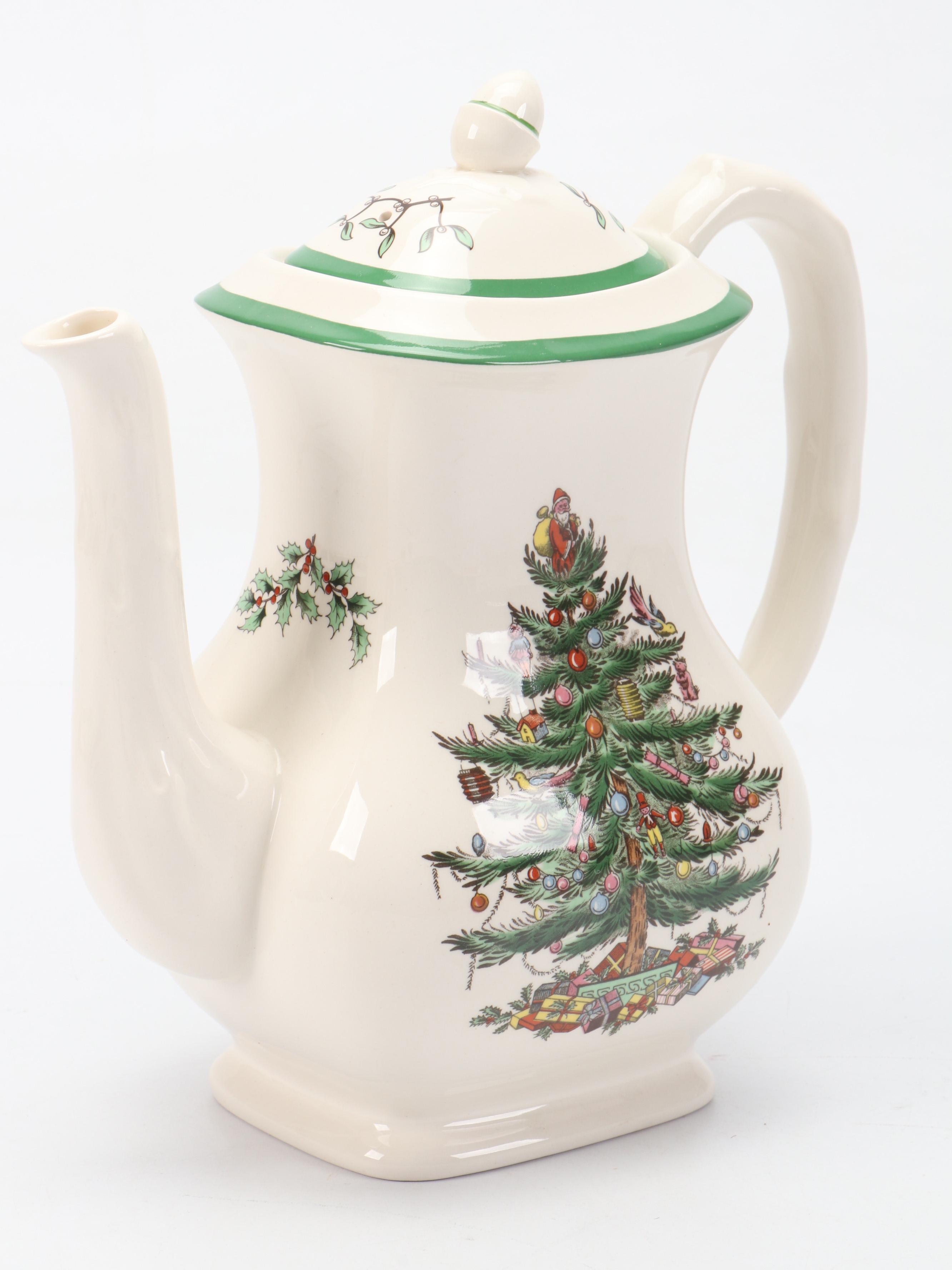 Spode "Christmas Tree" Porcelain Coffee Pot and Copper Tone Metal Serving Tray