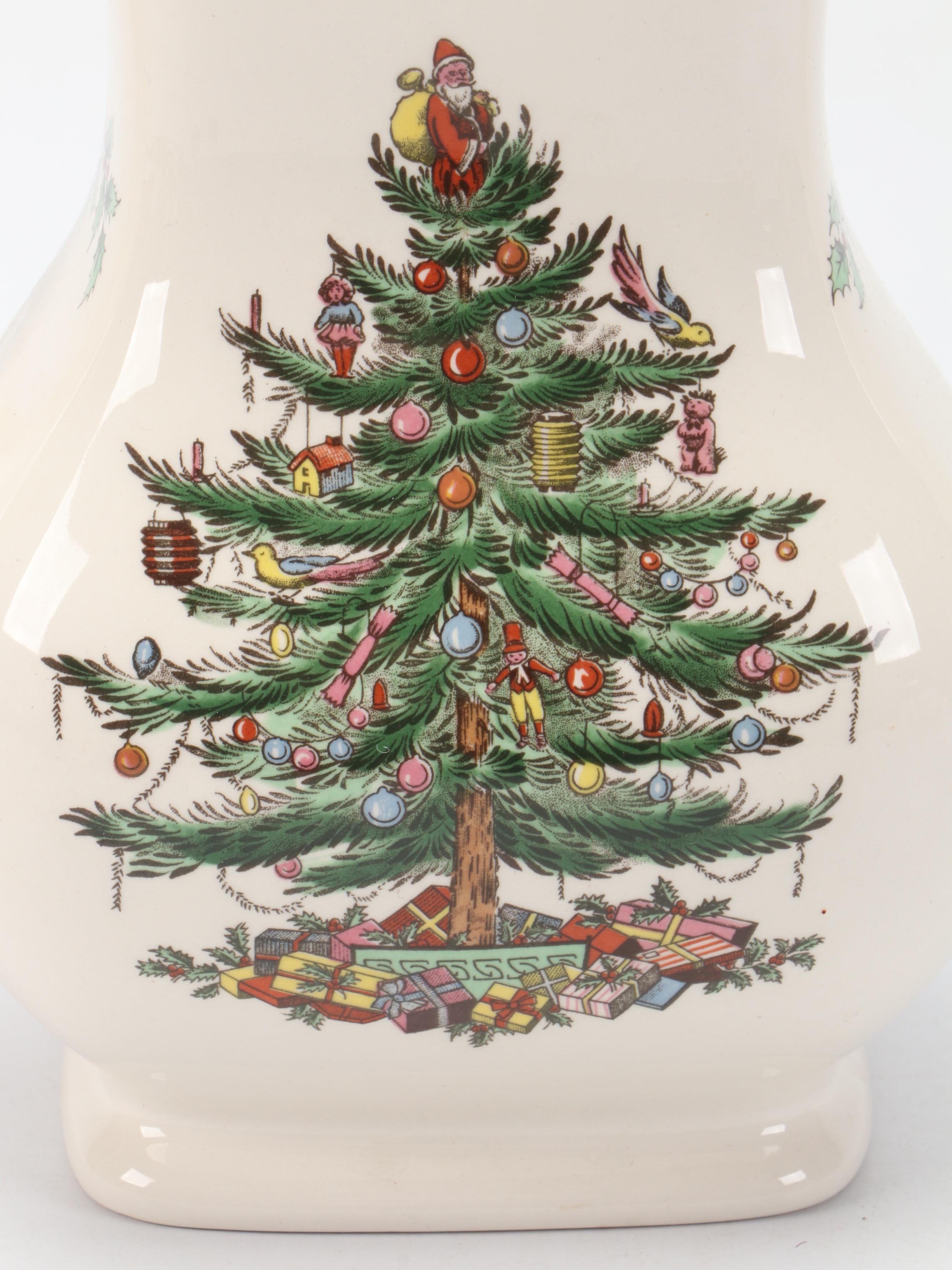 Spode "Christmas Tree" Porcelain Coffee Pot and Copper Tone Metal Serving Tray