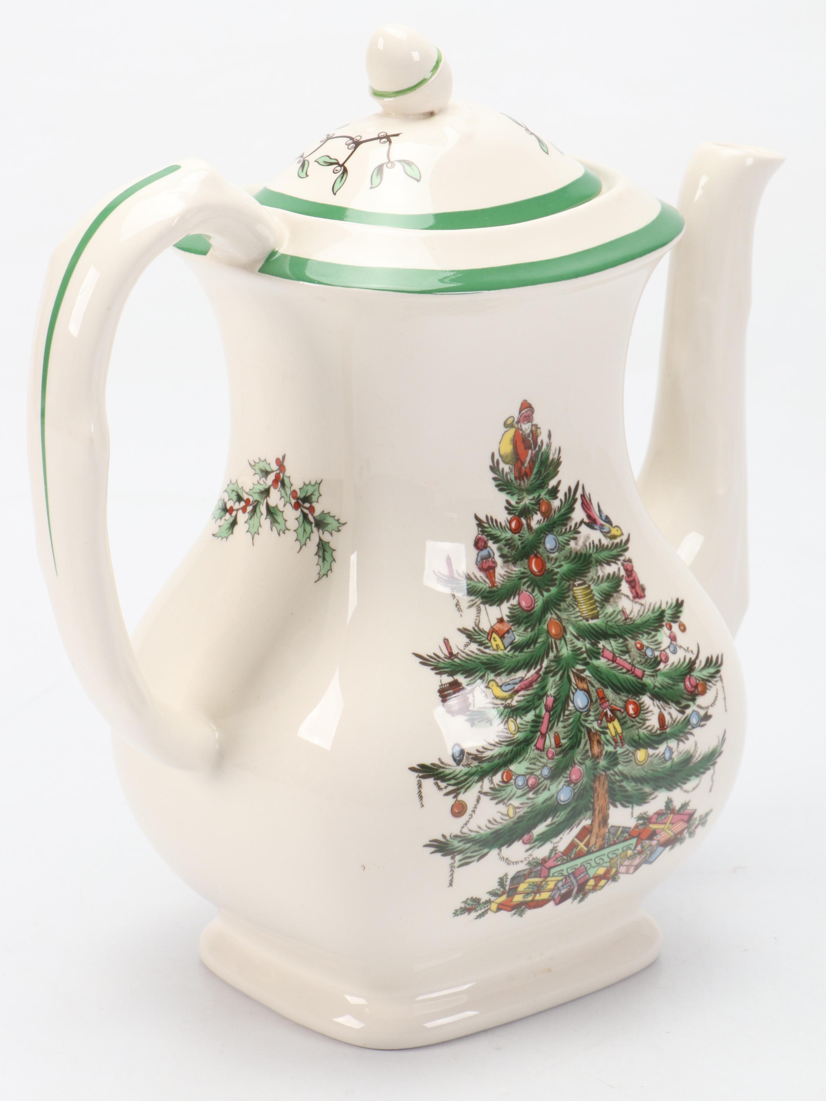 Spode "Christmas Tree" Porcelain Coffee Pot and Copper Tone Metal Serving Tray