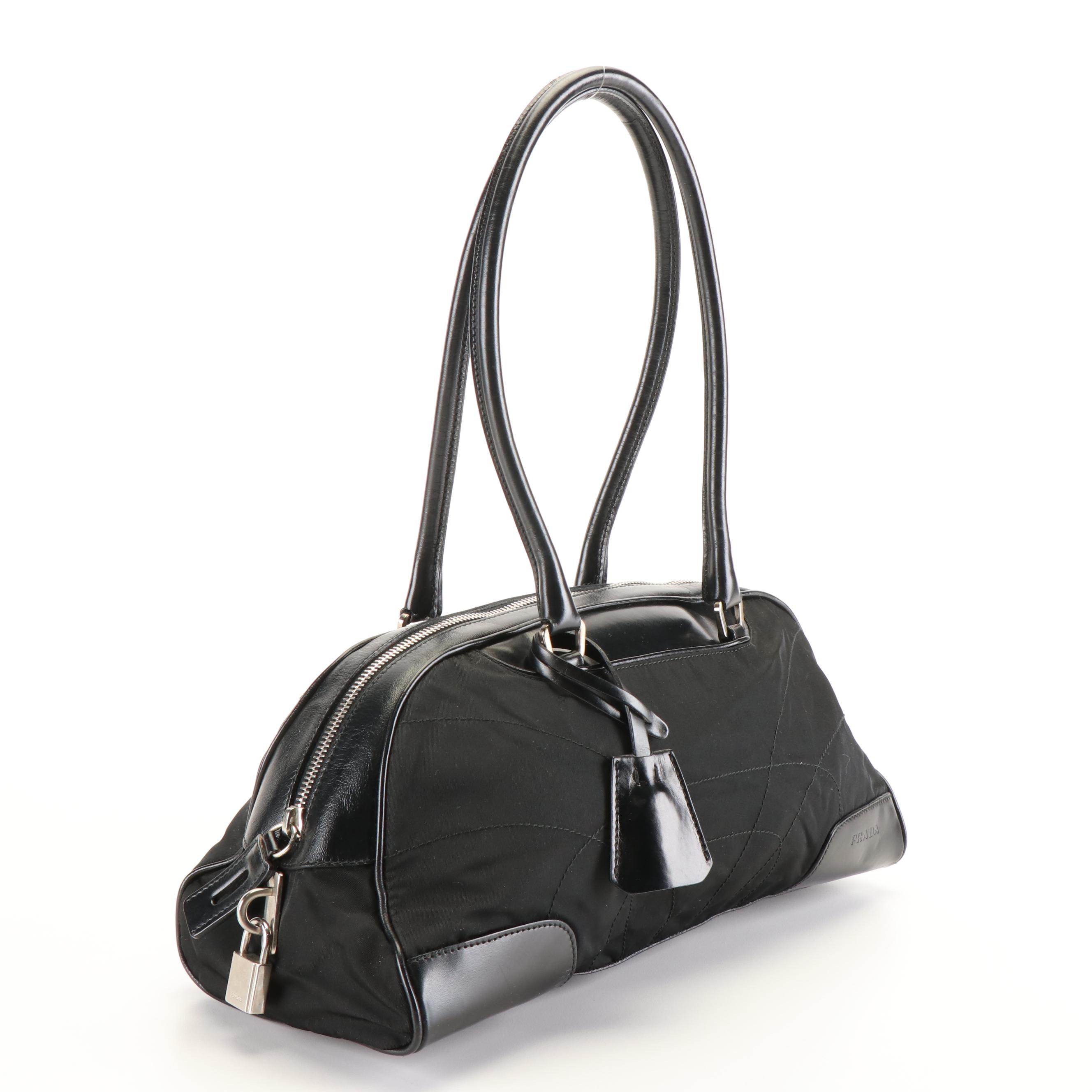 Prada Vitello Drive Tessuto Bowler Bag in Black Nylon and Leather