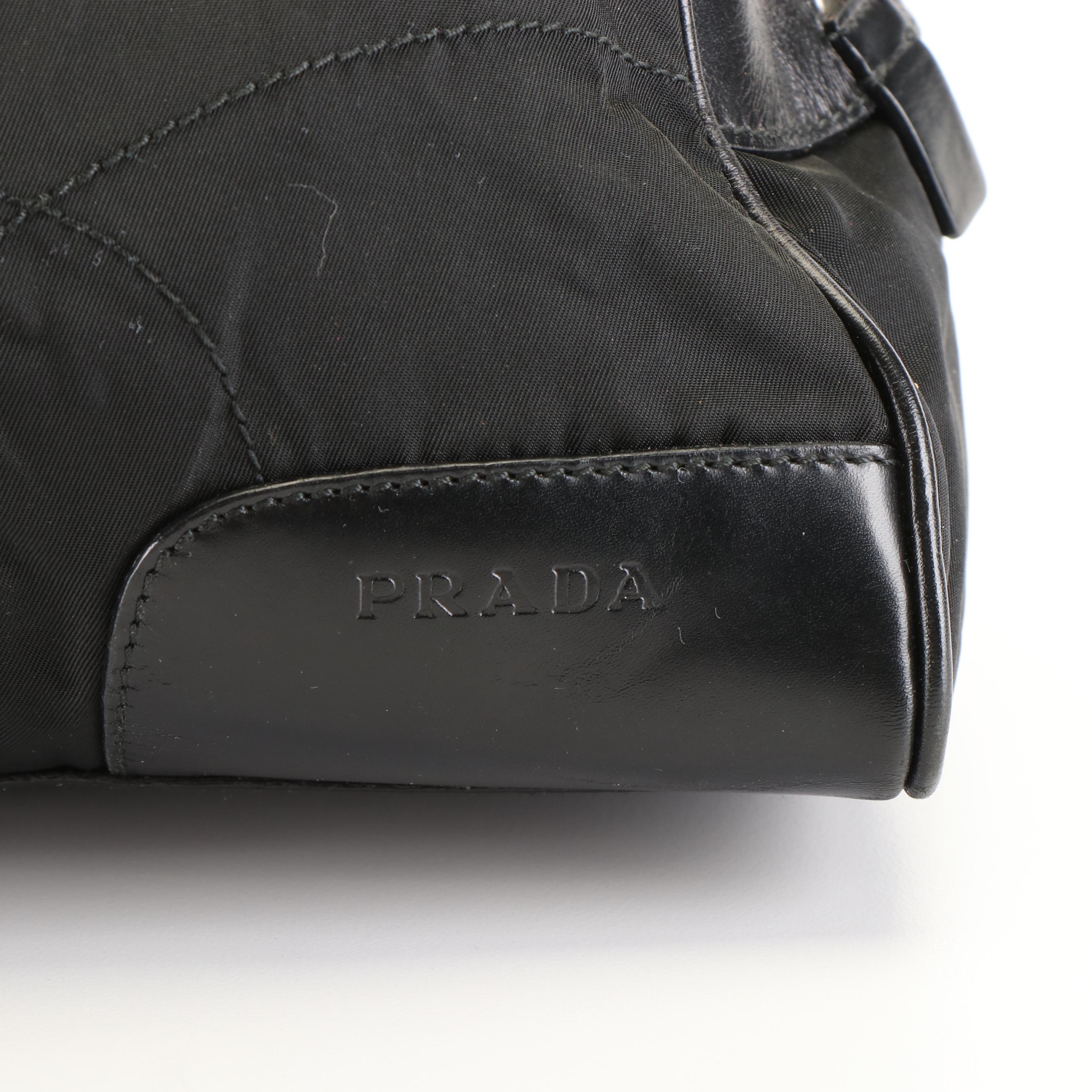 Prada Vitello Drive Tessuto Bowler Bag in Black Nylon and Leather