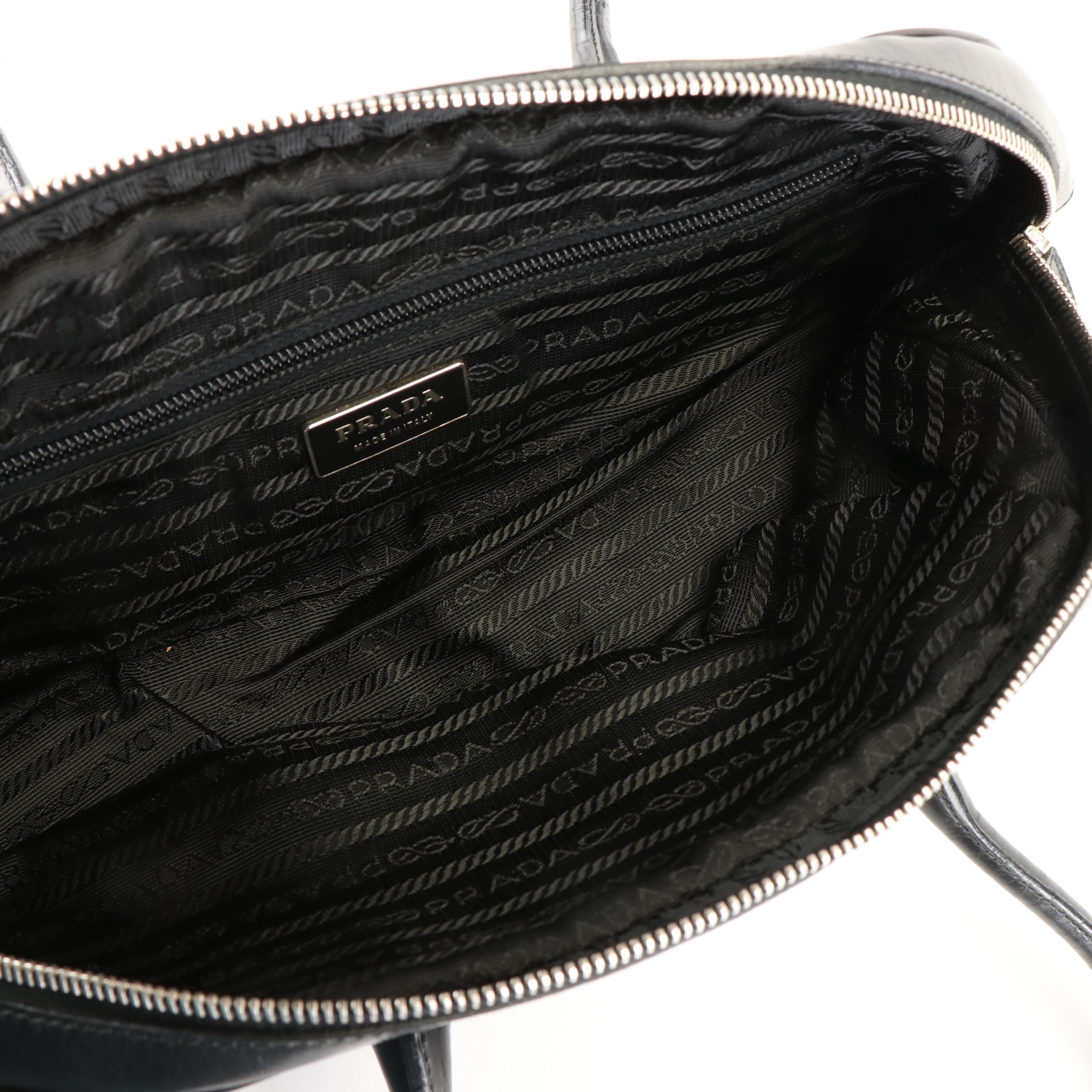 Prada Vitello Drive Tessuto Bowler Bag in Black Nylon and Leather
