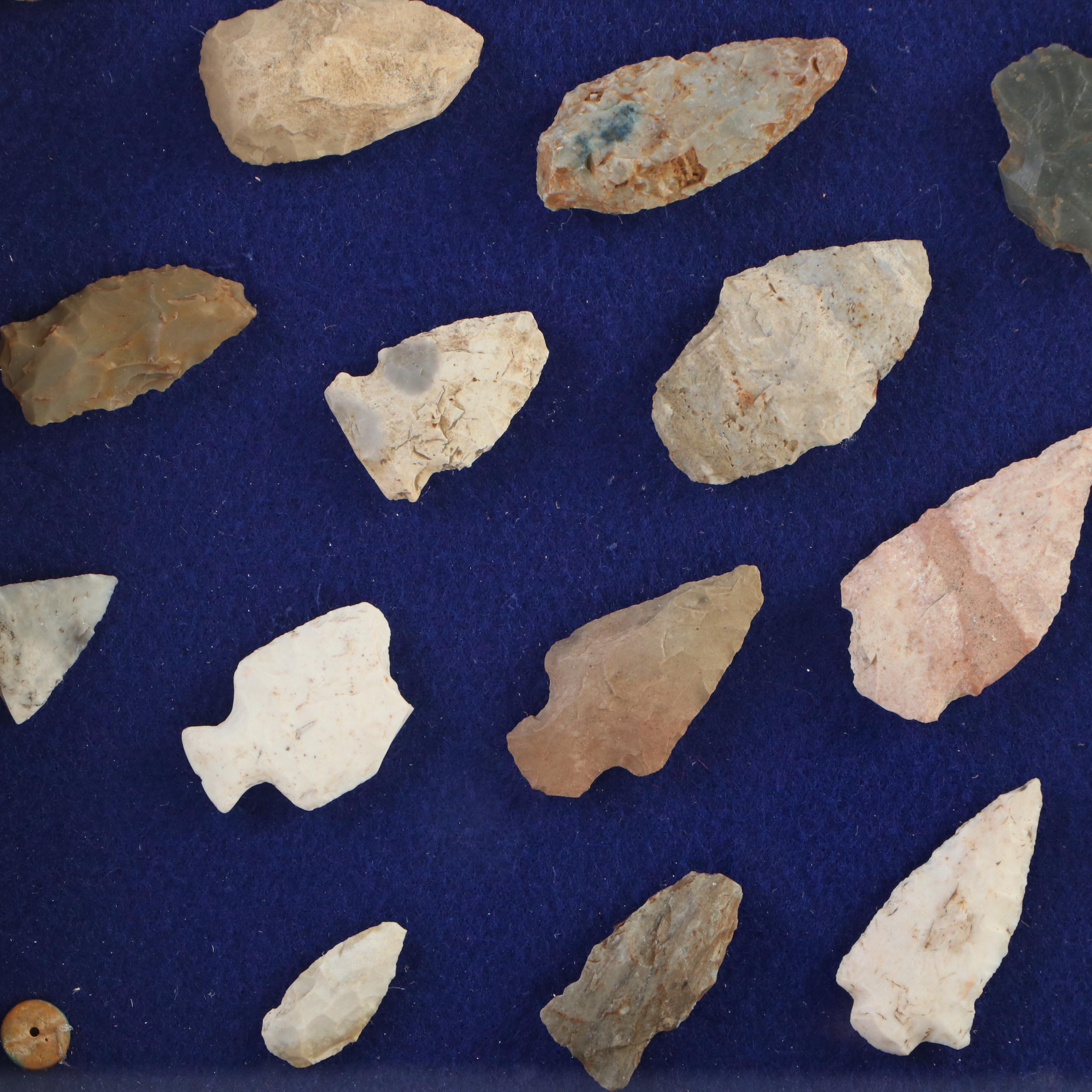 Knapped Stone Projectile Points, Beads, and Knapping Stone in Display Case