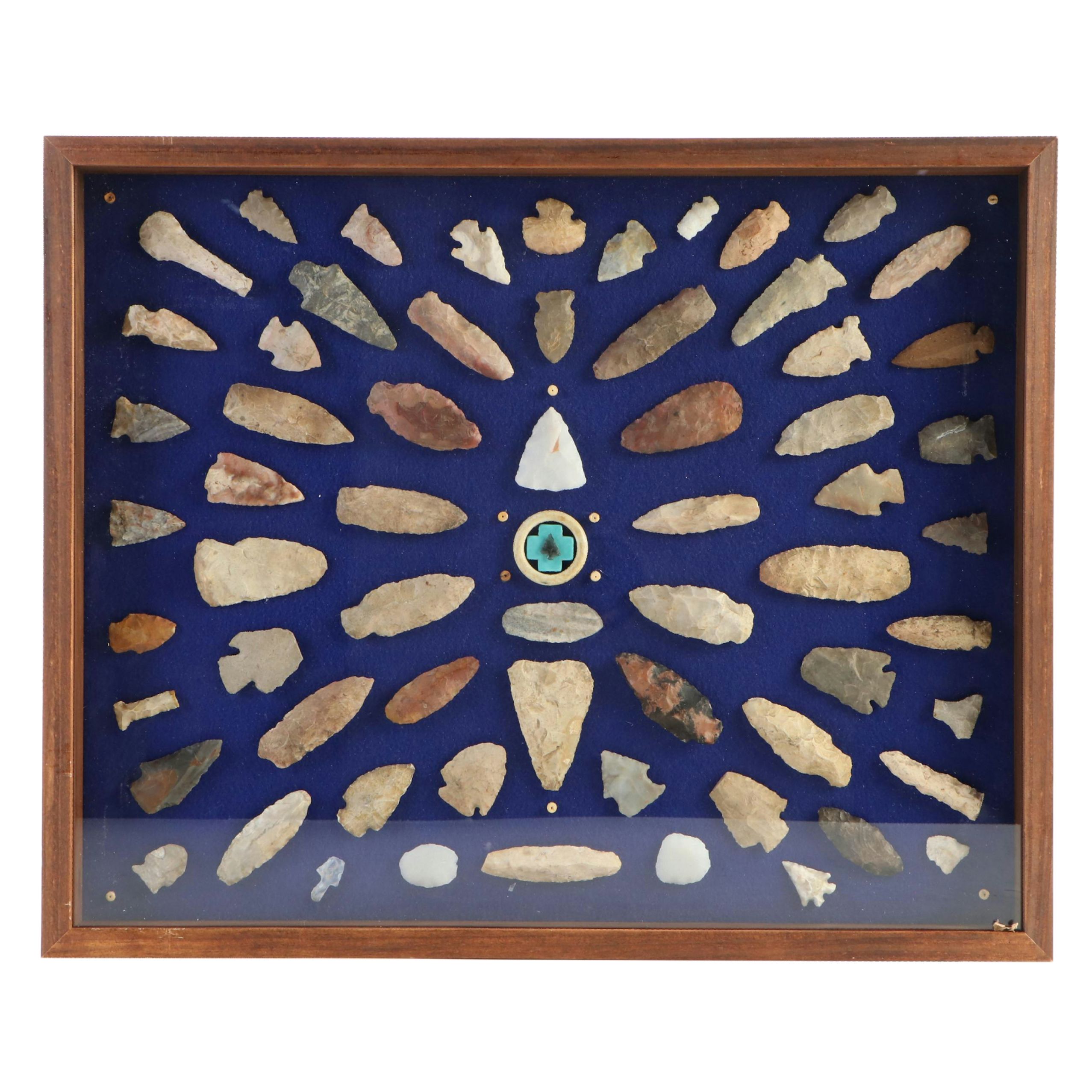 Knapped Flint and Stone Projectile Points in Display Case
